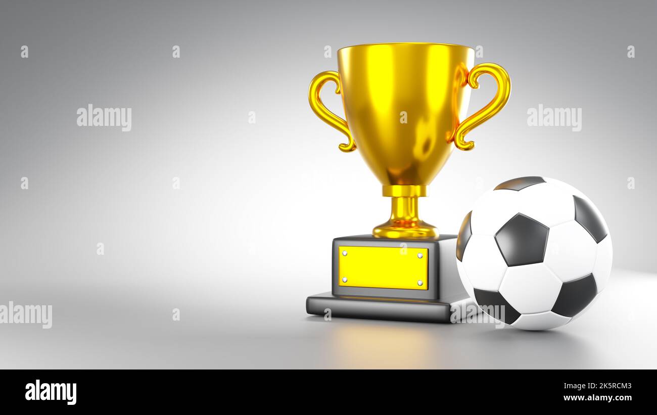 Gold trophy cup and soccer ball or football on gray background with copy space . 3D rendering . Stock Photo
