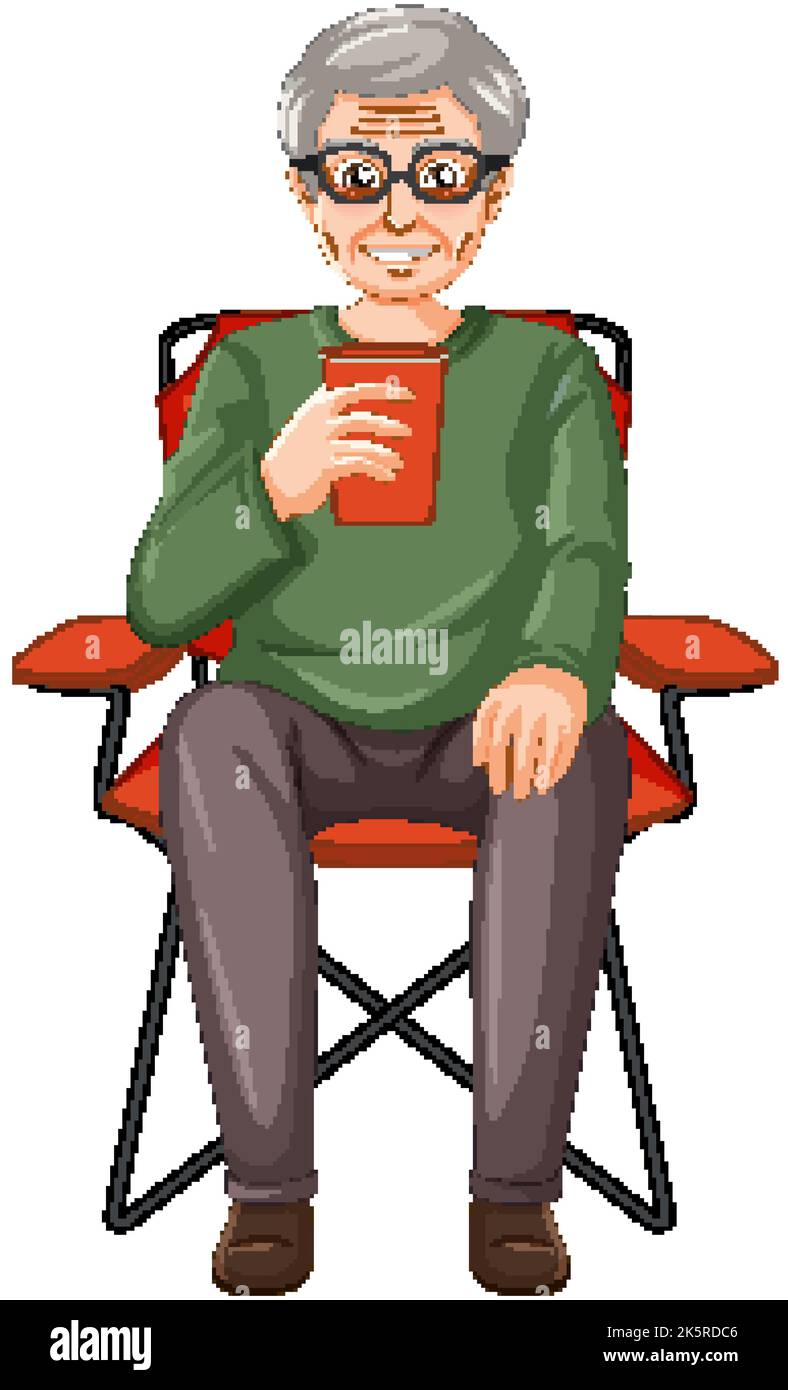 A male senior cartoon character drinking coffee on camping chair illustration Stock Vector
