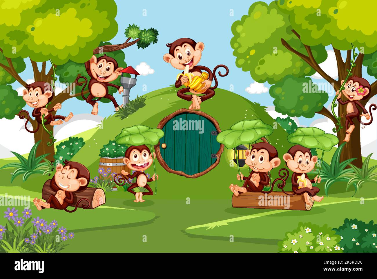 Happy monkey family in the forest illustration Stock Vector
