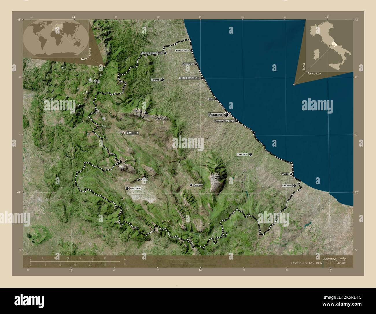 Abruzzo, region of Italy. High resolution satellite map. Locations and ...