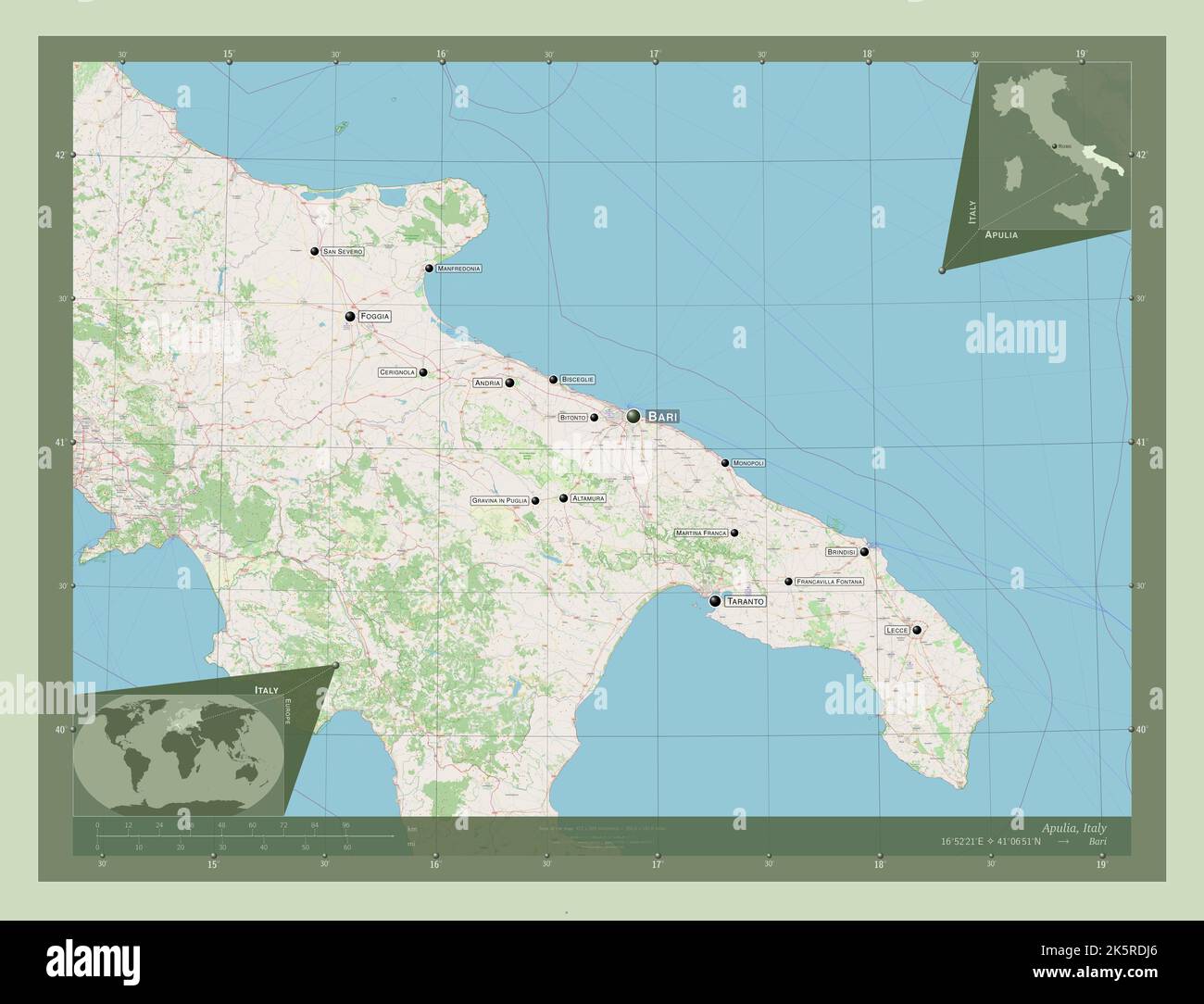 Apulia Region Of Italy Open Street Map Locations And Names Of Major Apulia Region Of Italy Open Street Map Locations And Names Of Major Cities Of The Region Corner Auxiliary Location Maps 2K5RDJ6 