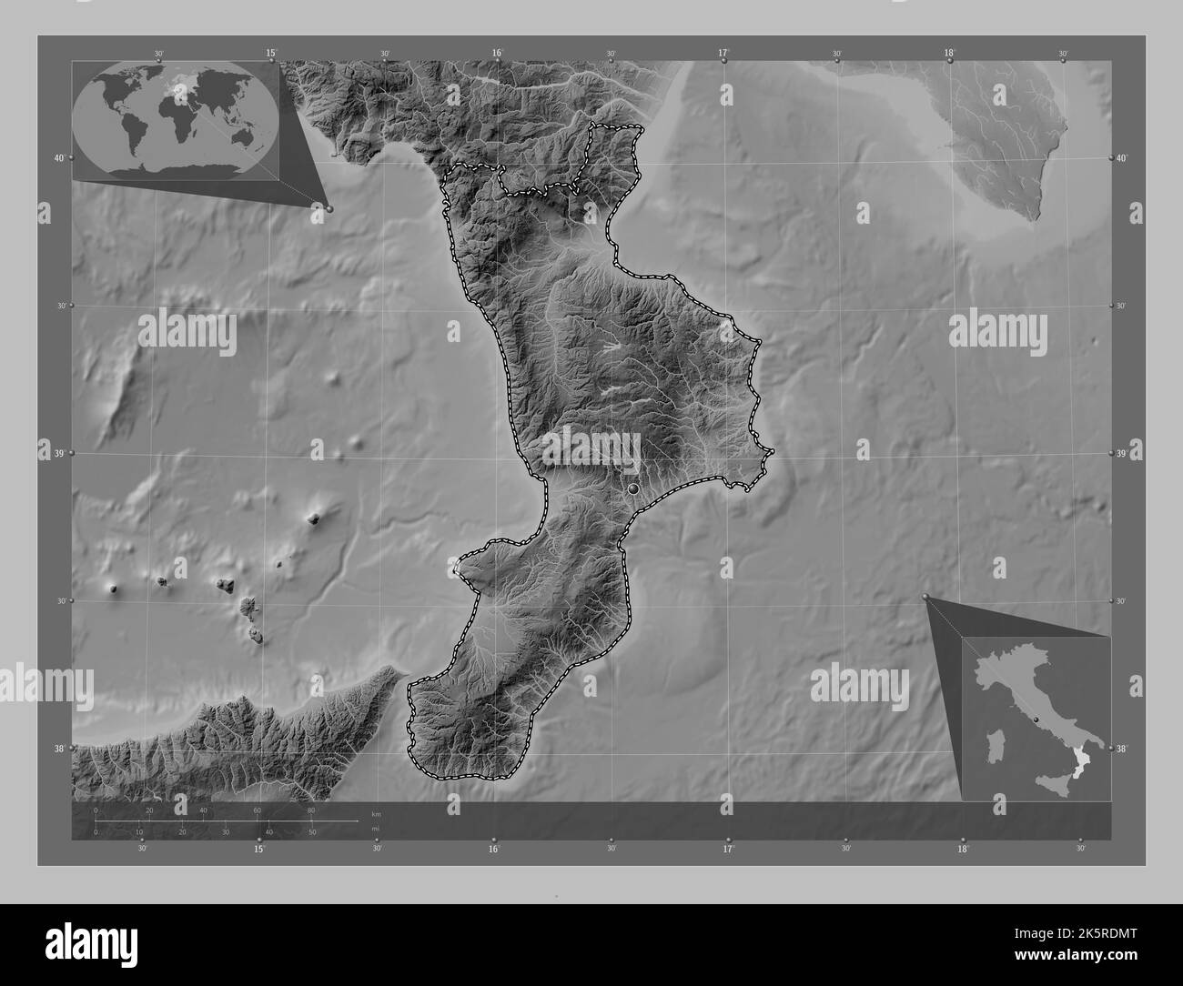 Calabria, region of Italy. Grayscale elevation map with lakes and