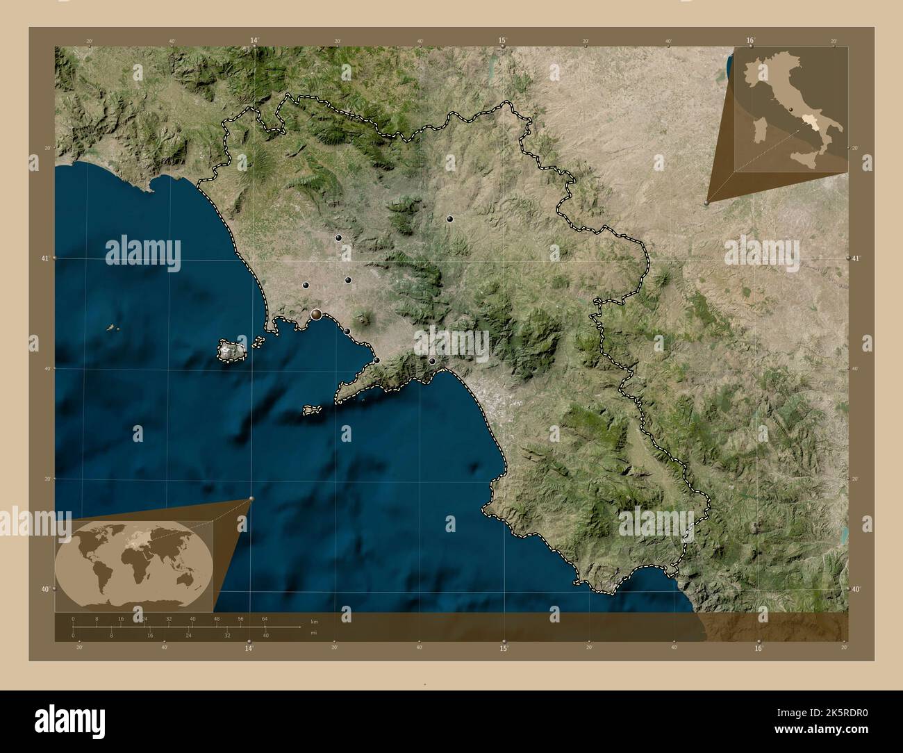 Campania, region of Italy. Low resolution satellite map. Locations of