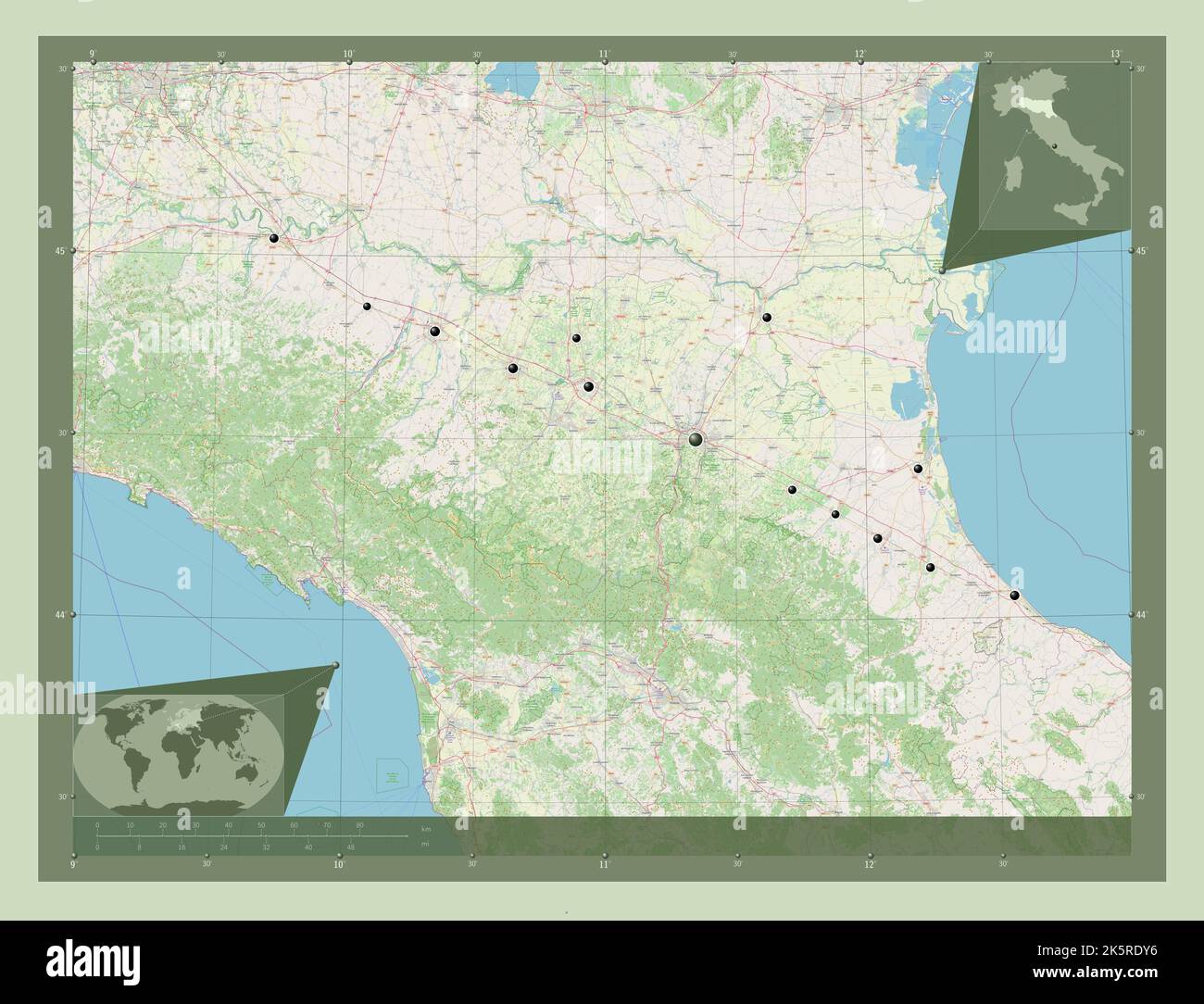 EmiliaRomagna, region of Italy. Open Street Map. Locations of major