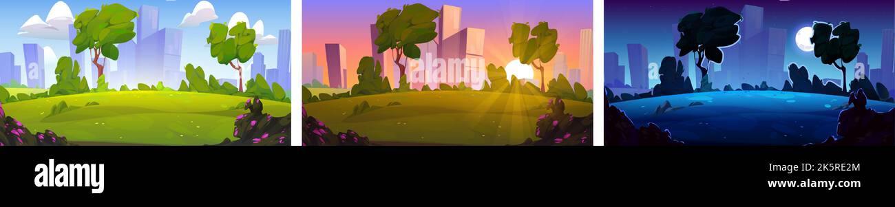 Set of morning, day and night city cartoon illustration. Vector design of sunrise, afternoon and moonlit evening sky over megalopolis and glade in green public park. Dusk and dawn cityscape collection Stock Vector