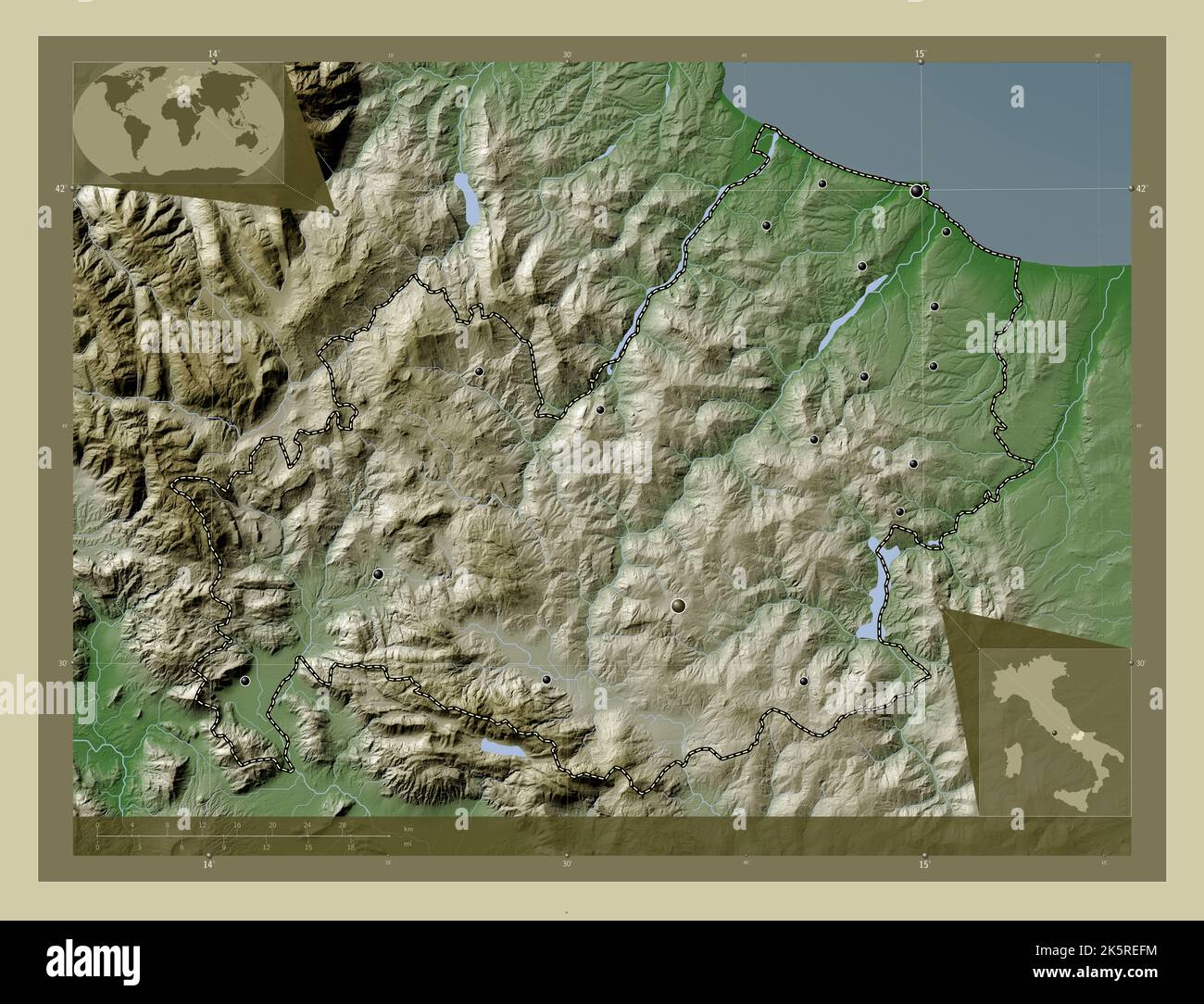 Molise, region of Italy. Elevation map colored in wiki style with lakes ...