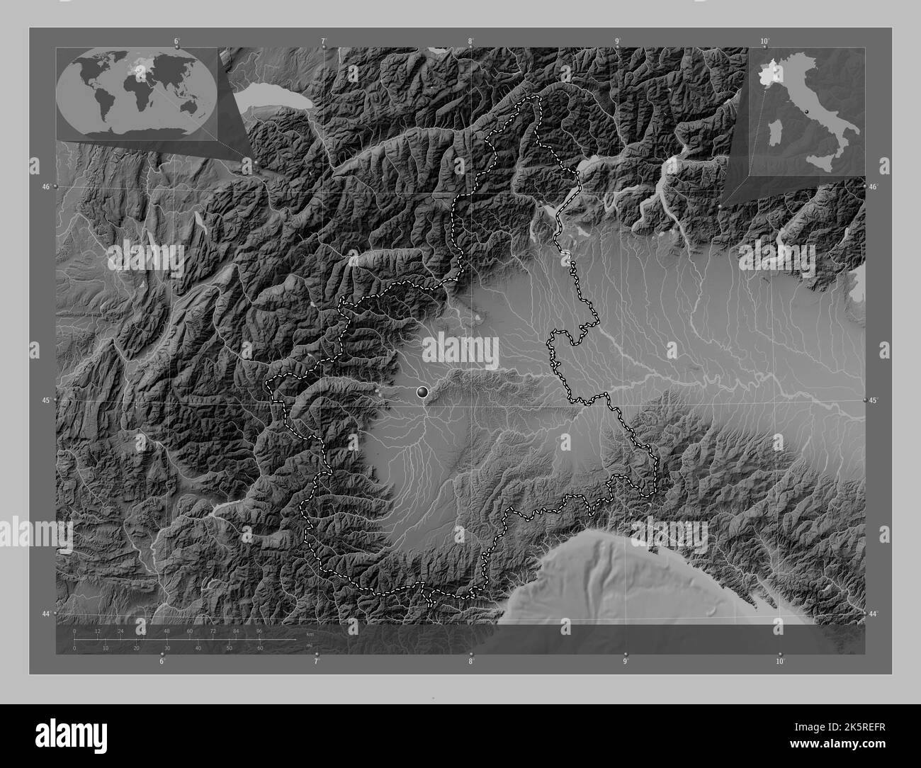 Piemonte region of Italy Grayscale - Piemonte Region Of Italy Grayscale Elevation Map With Lakes And Rivers Corner Auxiliary Location Maps 2K5REFR 