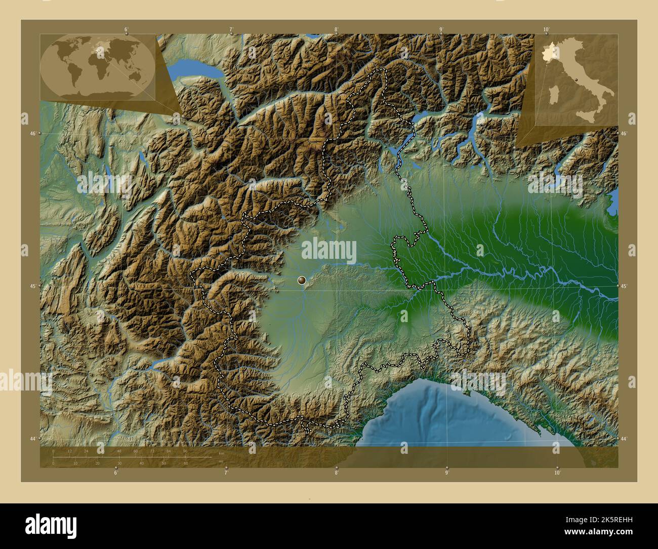 Piemonte, Region Of Italy. Colored Elevation Map With Lakes And Rivers ...