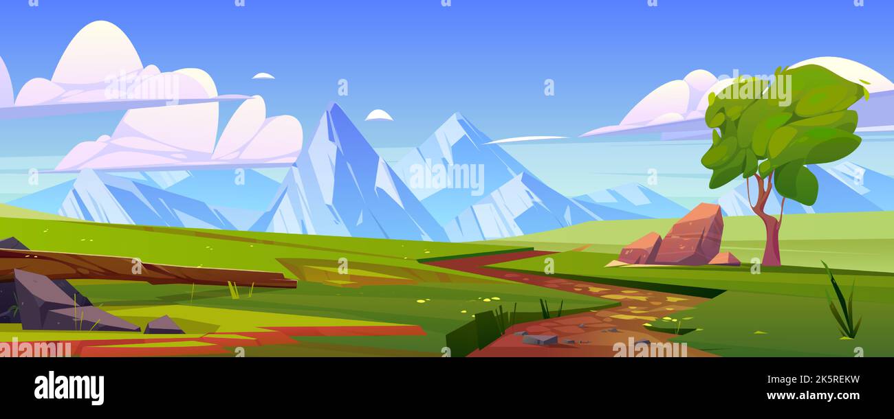 Mountain valley with green fields, tree, path and rocks on horizon. Summer landscape of meadows, grassland with stones and road, vector cartoon illustration Stock Vector