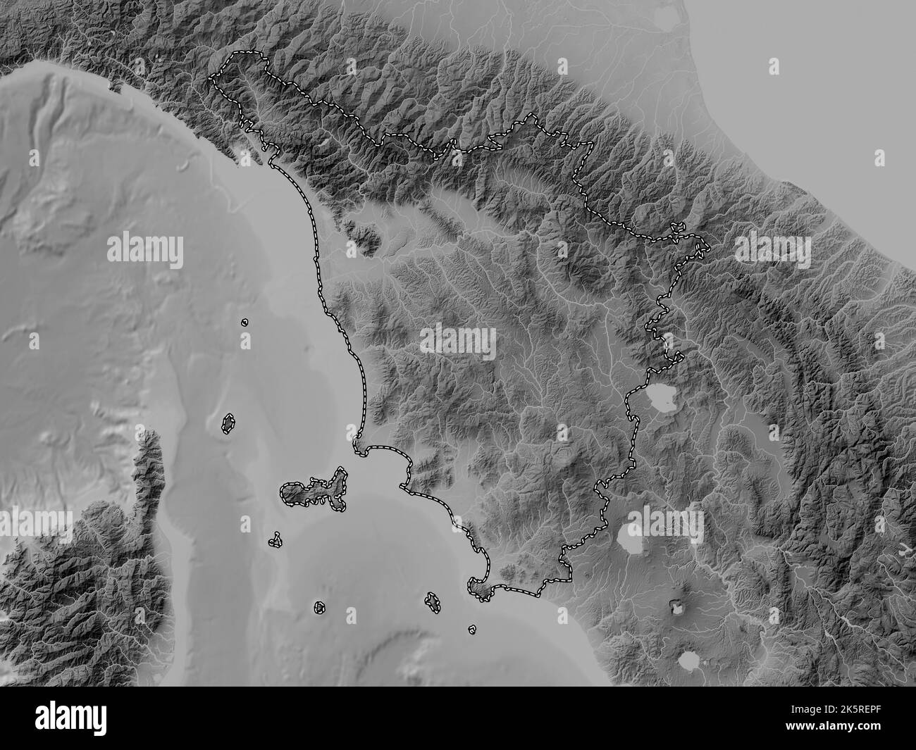 Toscana, region of Italy. Grayscale elevation map with lakes and rivers Stock Photo