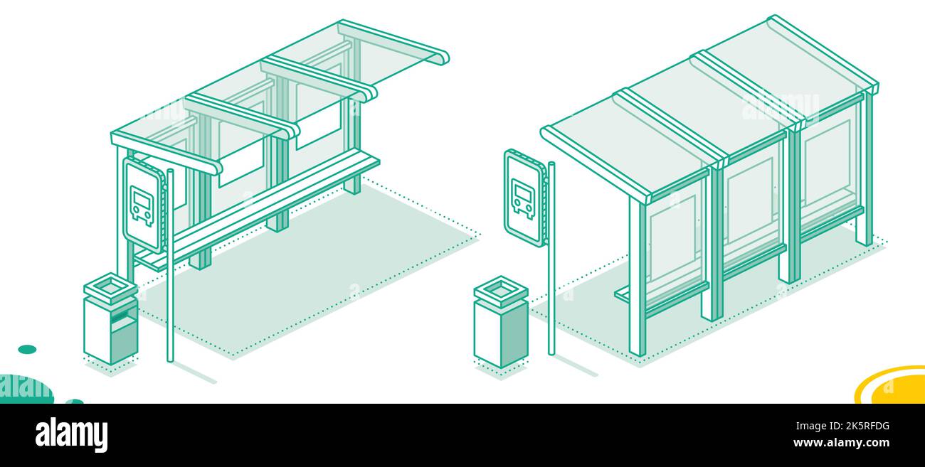 Isometric Bus Stop. Outline Concept Isolated on White. Vector Illustration. Front and Back View. Stock Vector