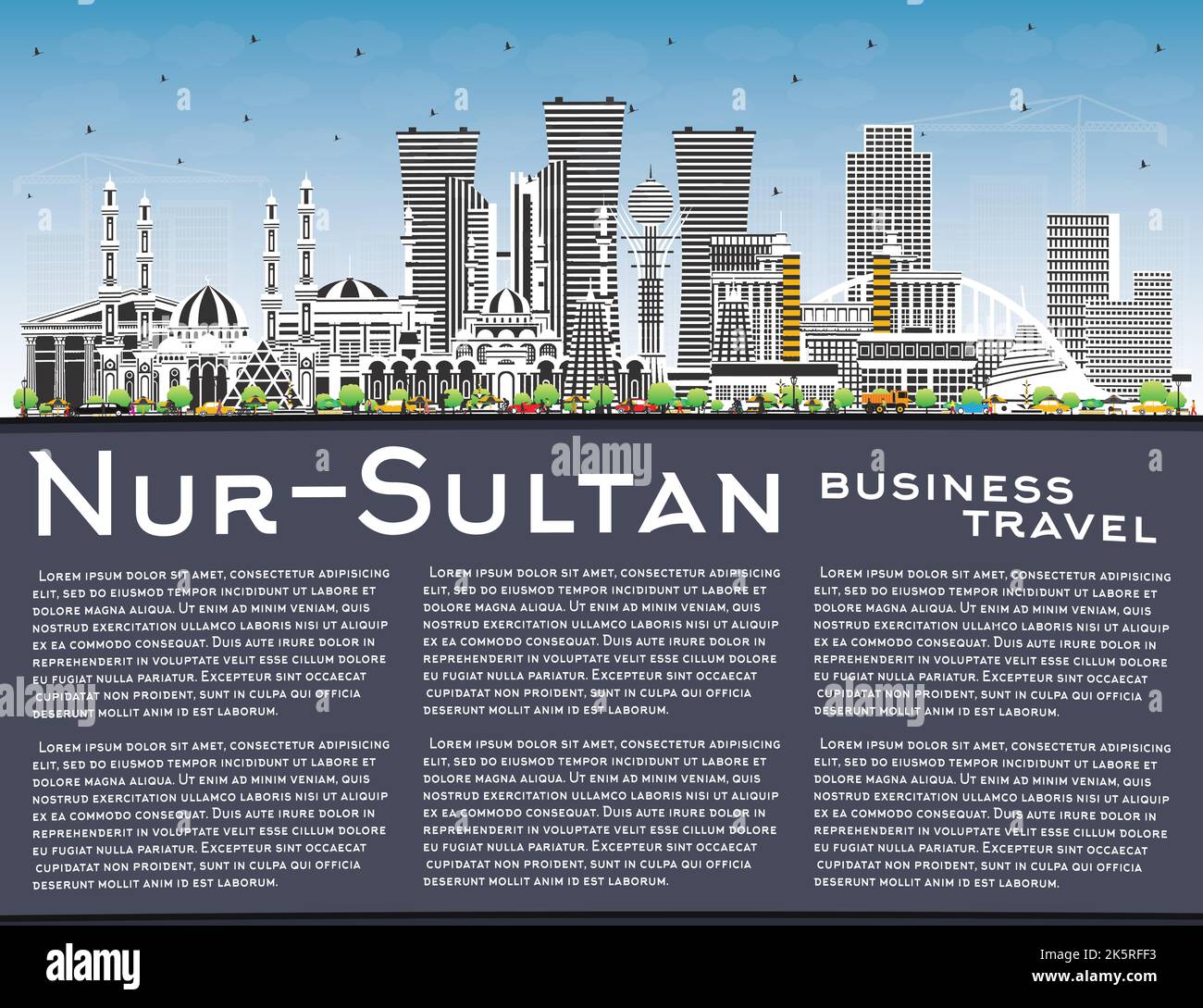 Nur-Sultan Kazakhstan City Skyline with Color Buildings, Blue Sky and Copy Space. Vector Illustration. Nur-Sultan Cityscape with Landmarks. Stock Vector