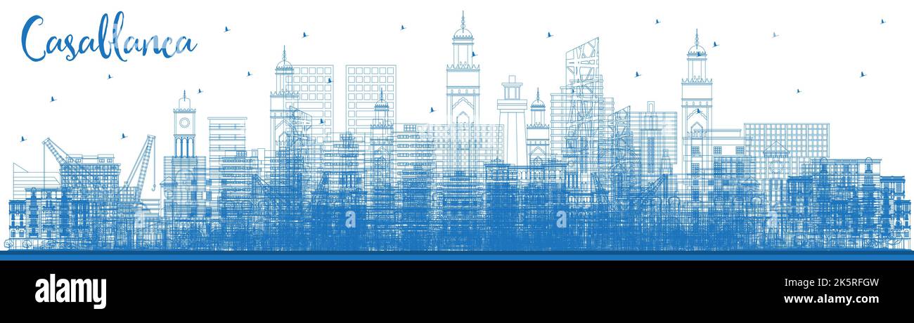 Outline Casablanca Morocco City Skyline with Blue Buildings. Vector Illustration. Business Travel and Concept with Historic Architecture. Stock Vector