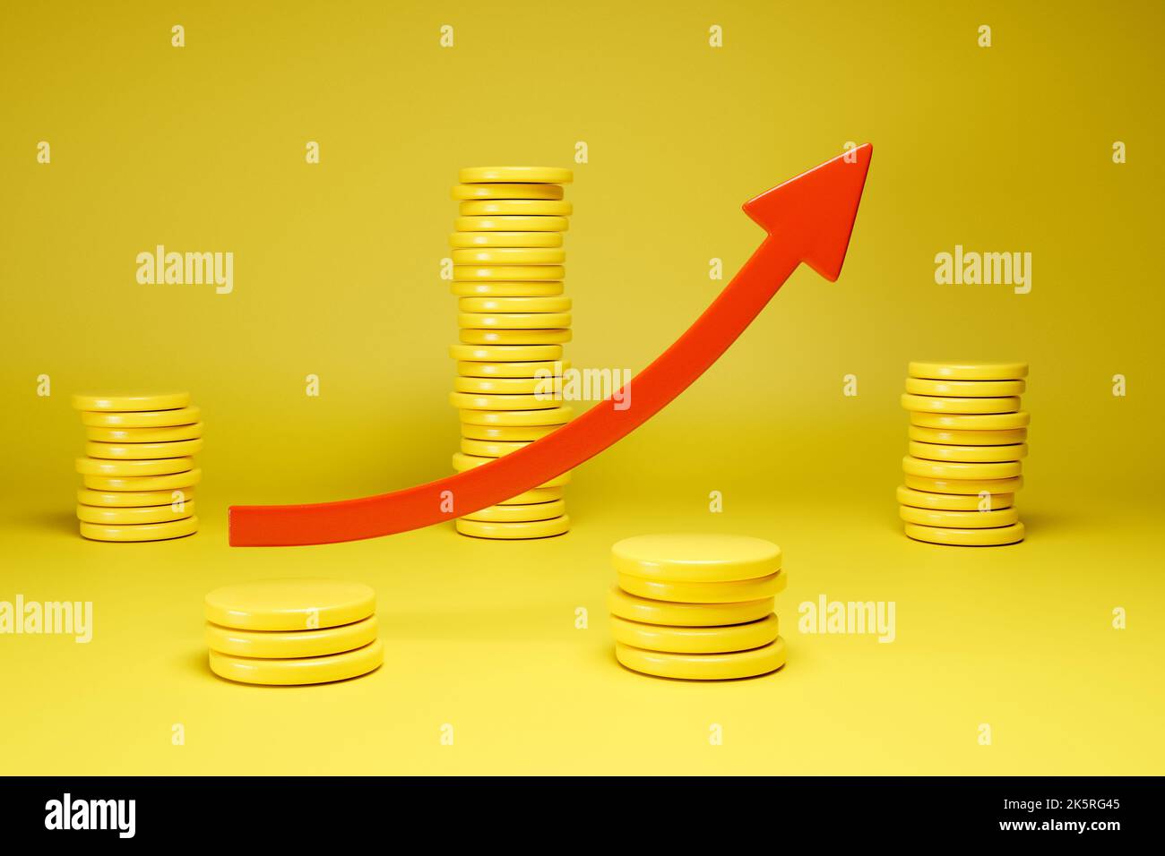 Red arrow wave graph and growing up money on yellow background 3d ...