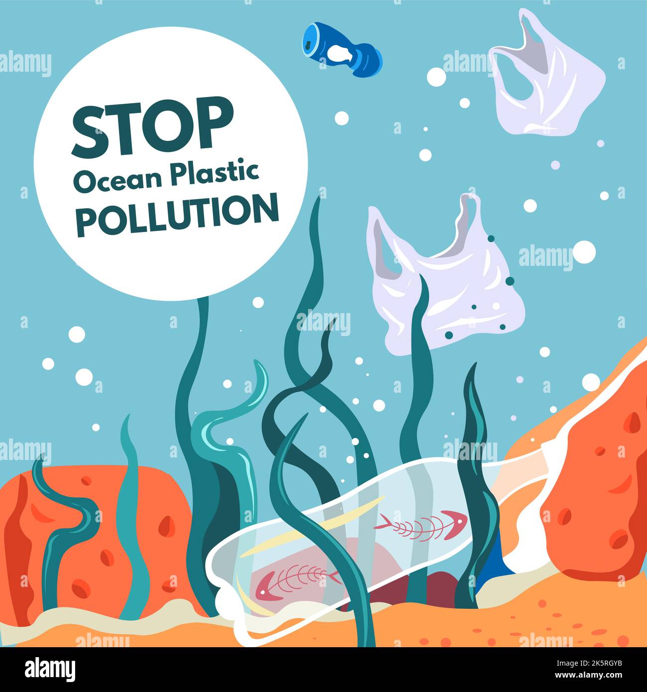 Oceanic pollution, plastic waste in water bottom Stock Vector Image