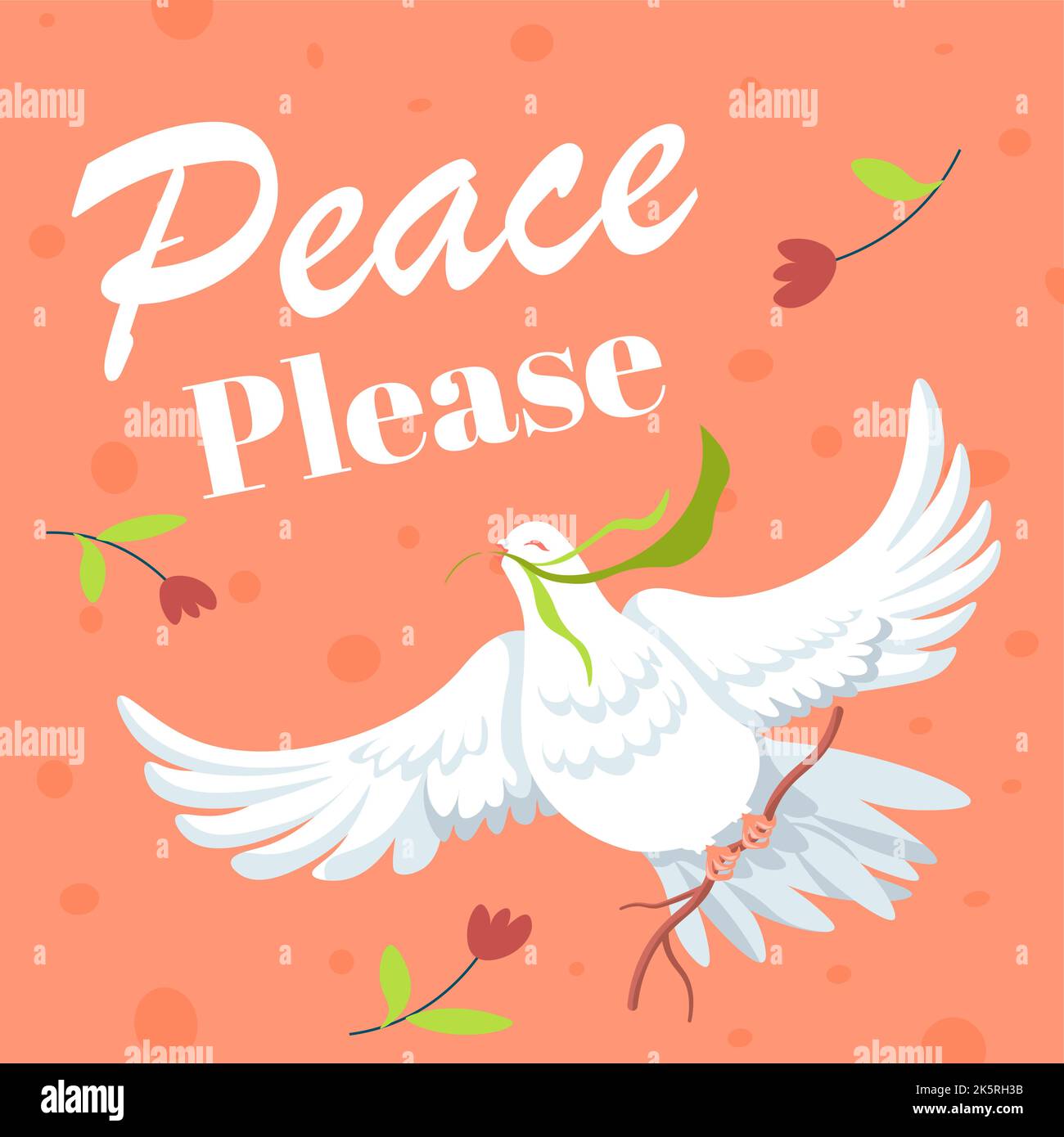 Peace please, flying white dove with branch flower Stock Vector Image