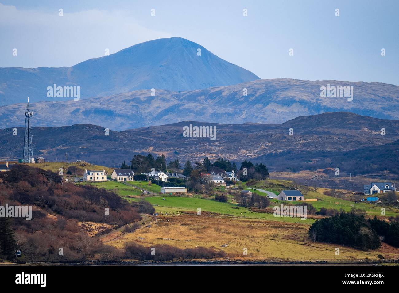 A scenic view of small rural houses on hills on the Isle of Skye ...