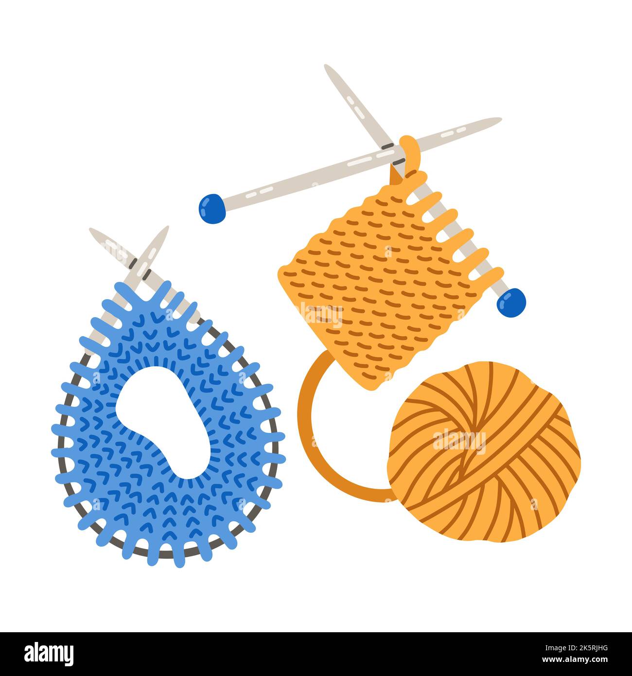 Set of knitting needlework yarn balls in blue and yellow colors vector