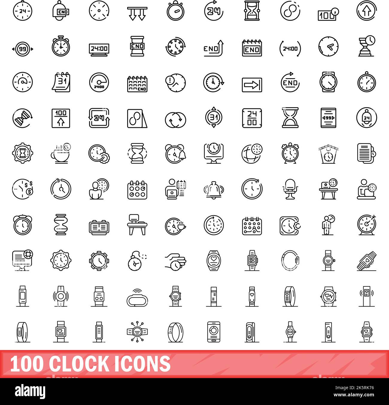 100 clock icons set. Outline illustration of 100 clock icons vector set ...