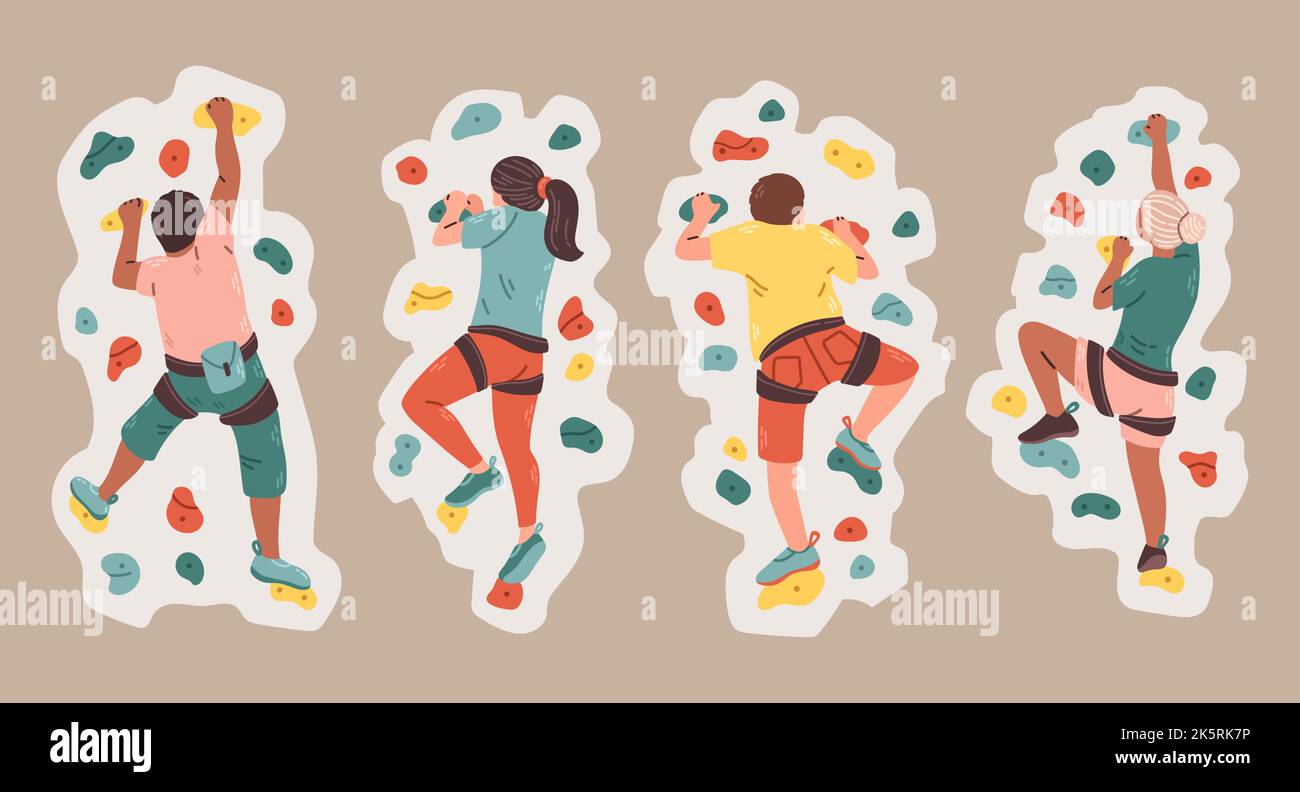 Set of men and women climbers on a wall in a climbing gym isolated on grey background vector Stock Vector