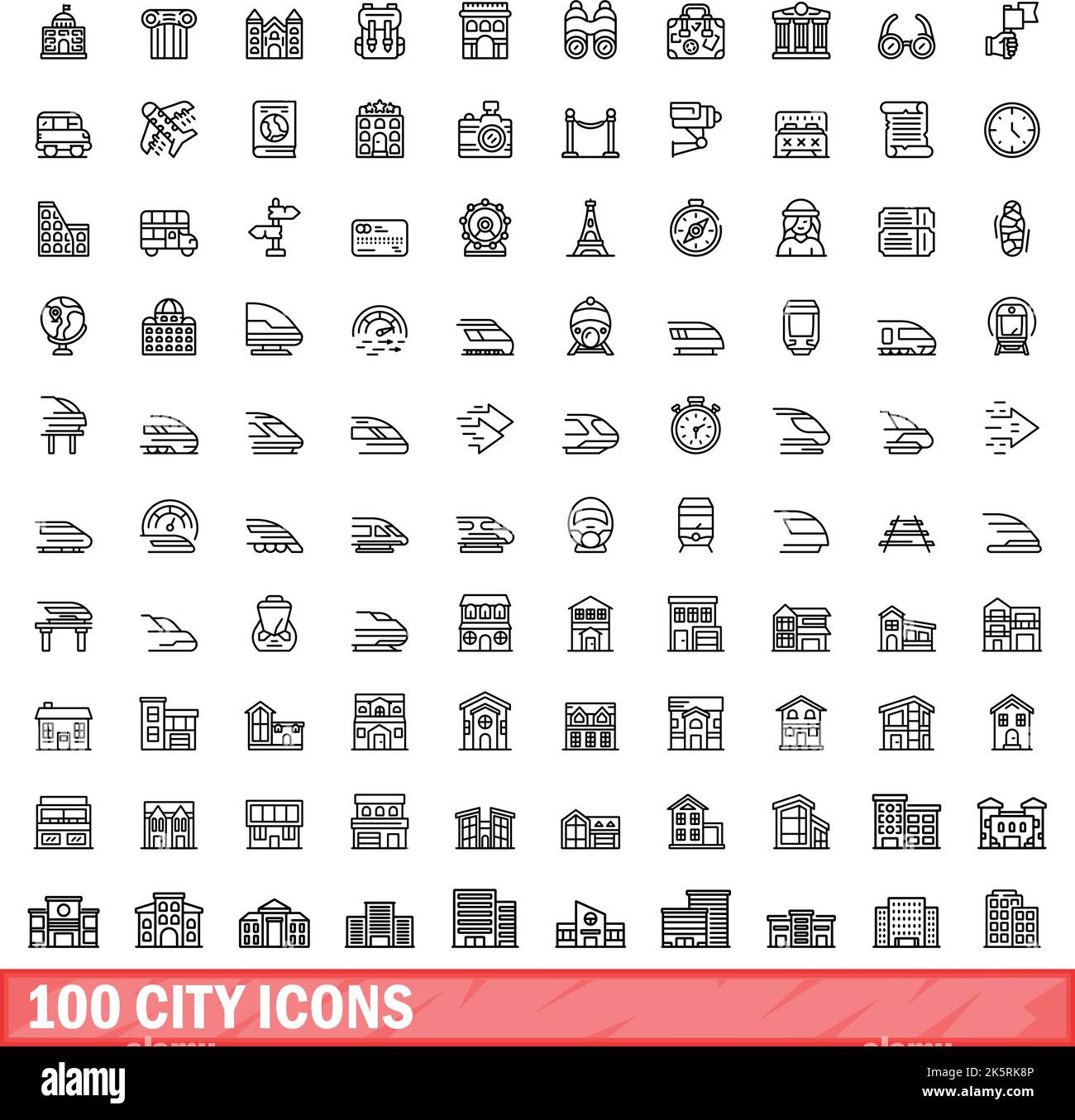 100 city icons set. Outline illustration of 100 city icons vector set ...
