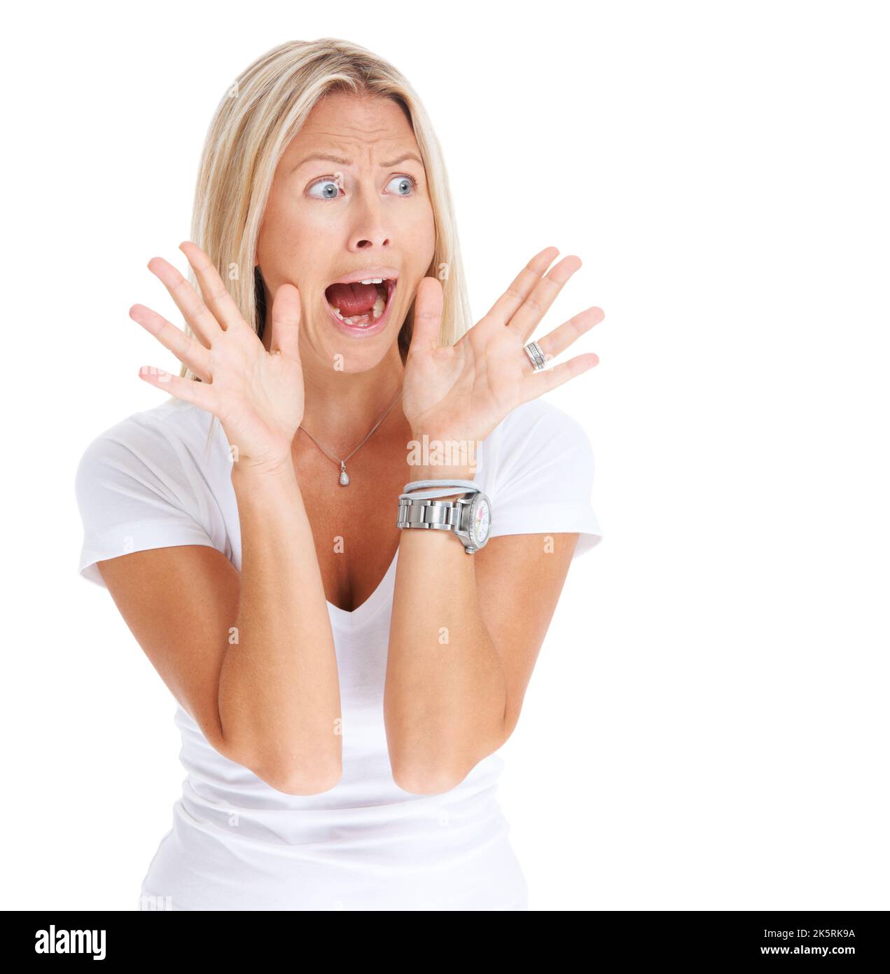 Scared Face Of Women On White Background Stock Photo, Picture and