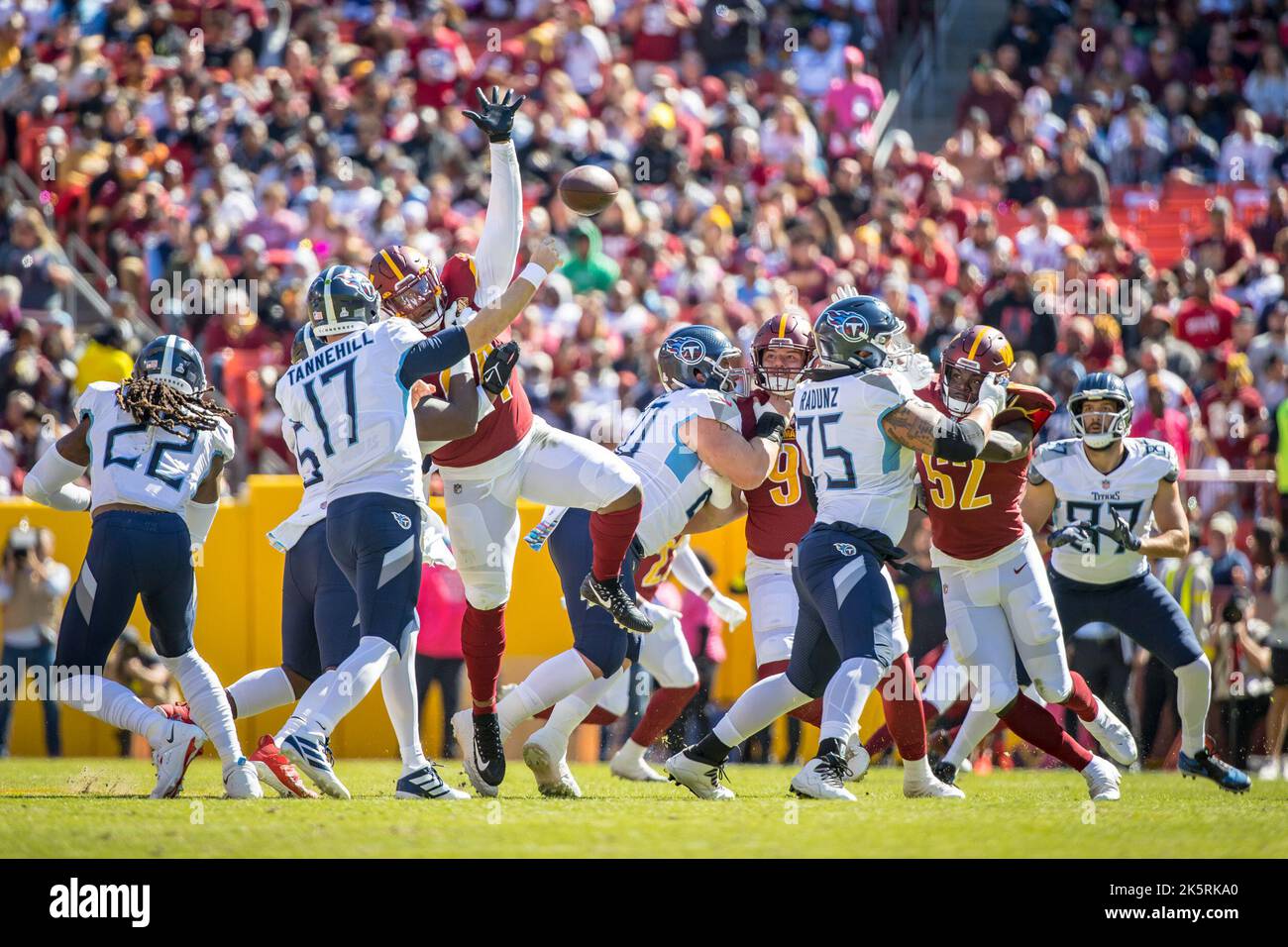 January 8, 2023 : Washington Commanders linebacker Khaleke Hudson (47)  applies pressure to Dallas Cowboys quarterback Dak Prescott (4) during the  game between the Dallas Cowboys and the Washington Commanders in Landover