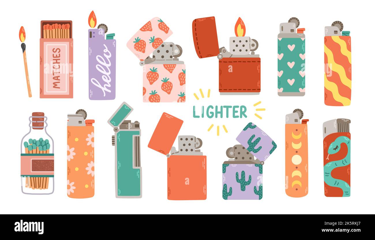 Set of various Lighters. Metal and plastic cigarette lighters with cool