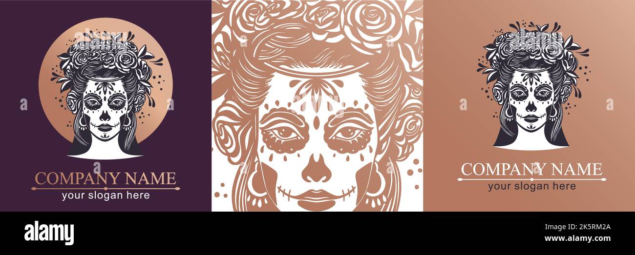 Logo in Calavera style. Dia de los muertos, Day of the dead is a Mexican holiday. Girl with flowers in her hair and Woman with make-up - sugar skull. Stock Vector