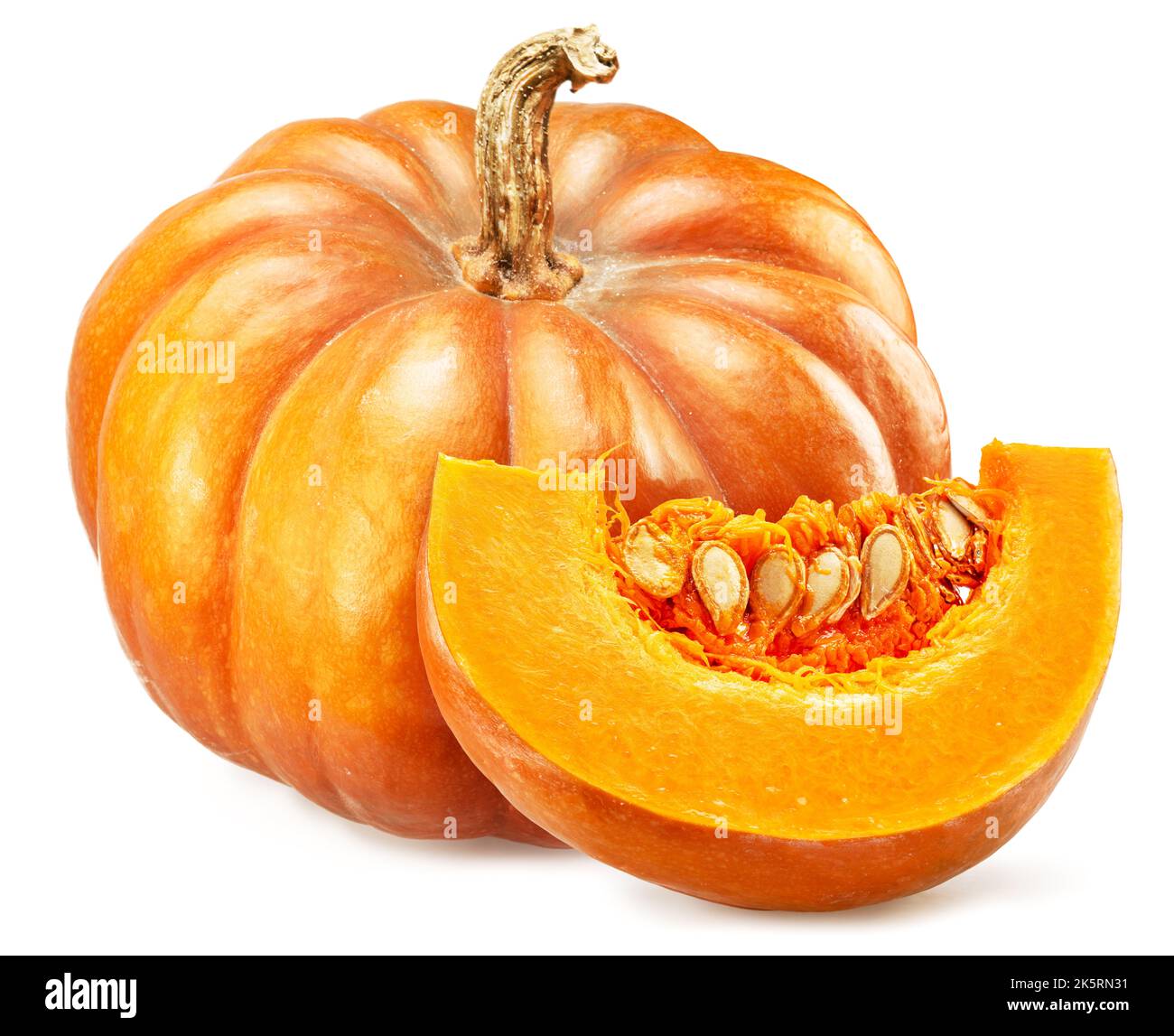 Orange round pumpkin and pumpkin slice isolated on white background. Stock Photo