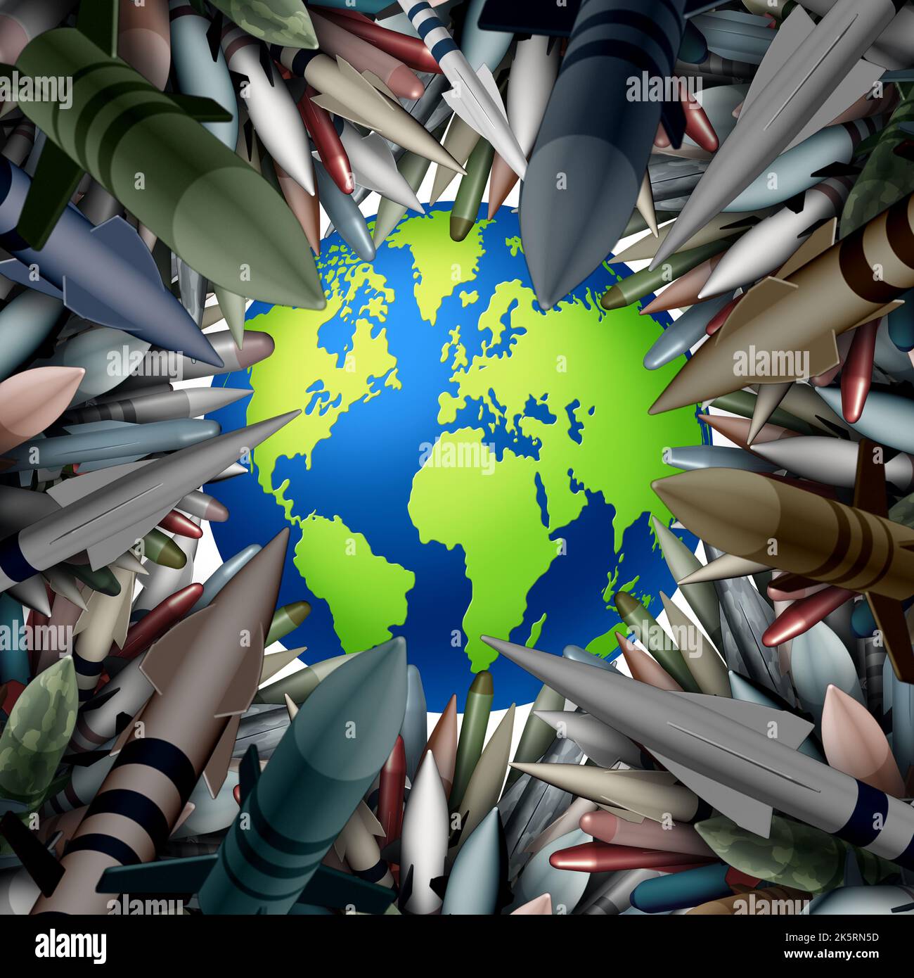Nuclear War threat and fear of  armed conflict or armageddon and menacing bomb threats to the world or global danger of weapons with warheads of mass Stock Photo