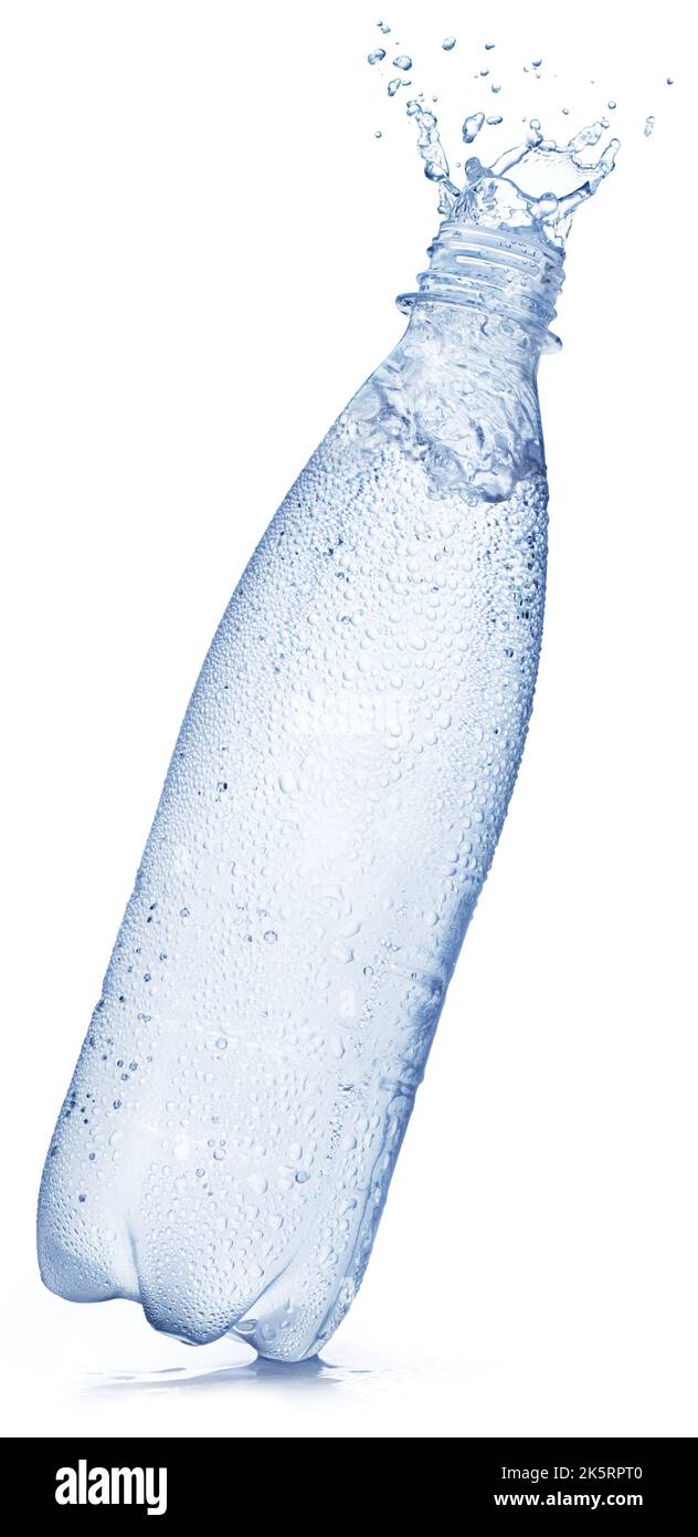 Plastic bottle of chilled water and water splash crown on top. File