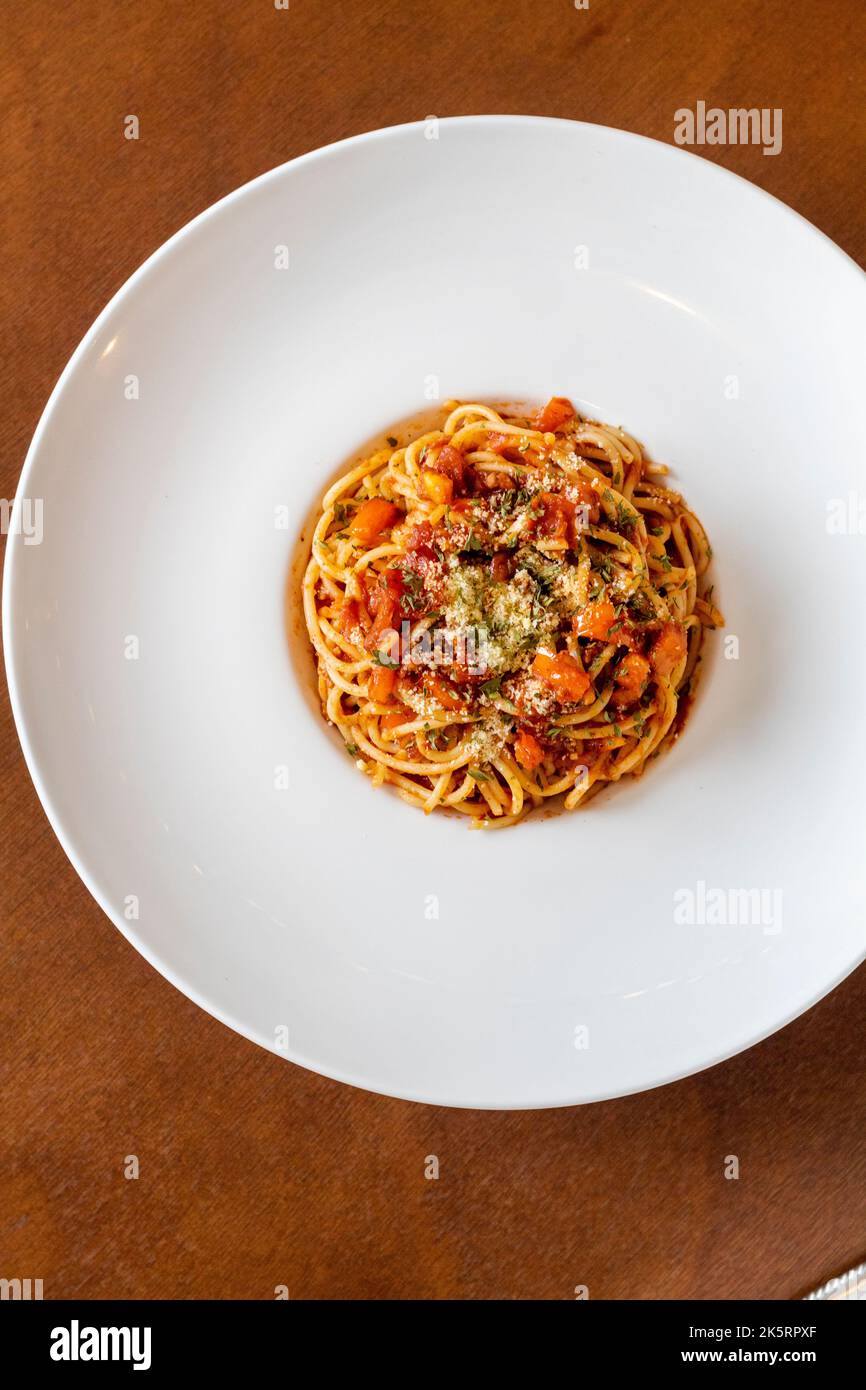 A plate of spaghetti alla puttanesca at a local cafe in Cebu City, Philippines Stock Photo