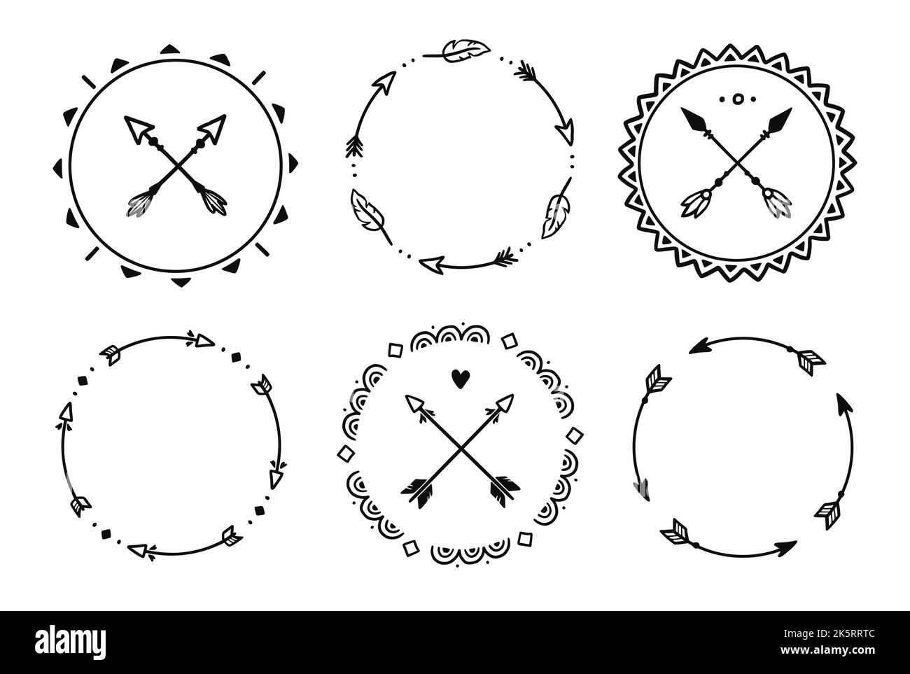 Boho arrow circle frame set. Hand drawn doodle african, aztec rustic ethnic arrow border, ornament circle frame. Tribal boho decor design. Vector illustration. Stock Vector