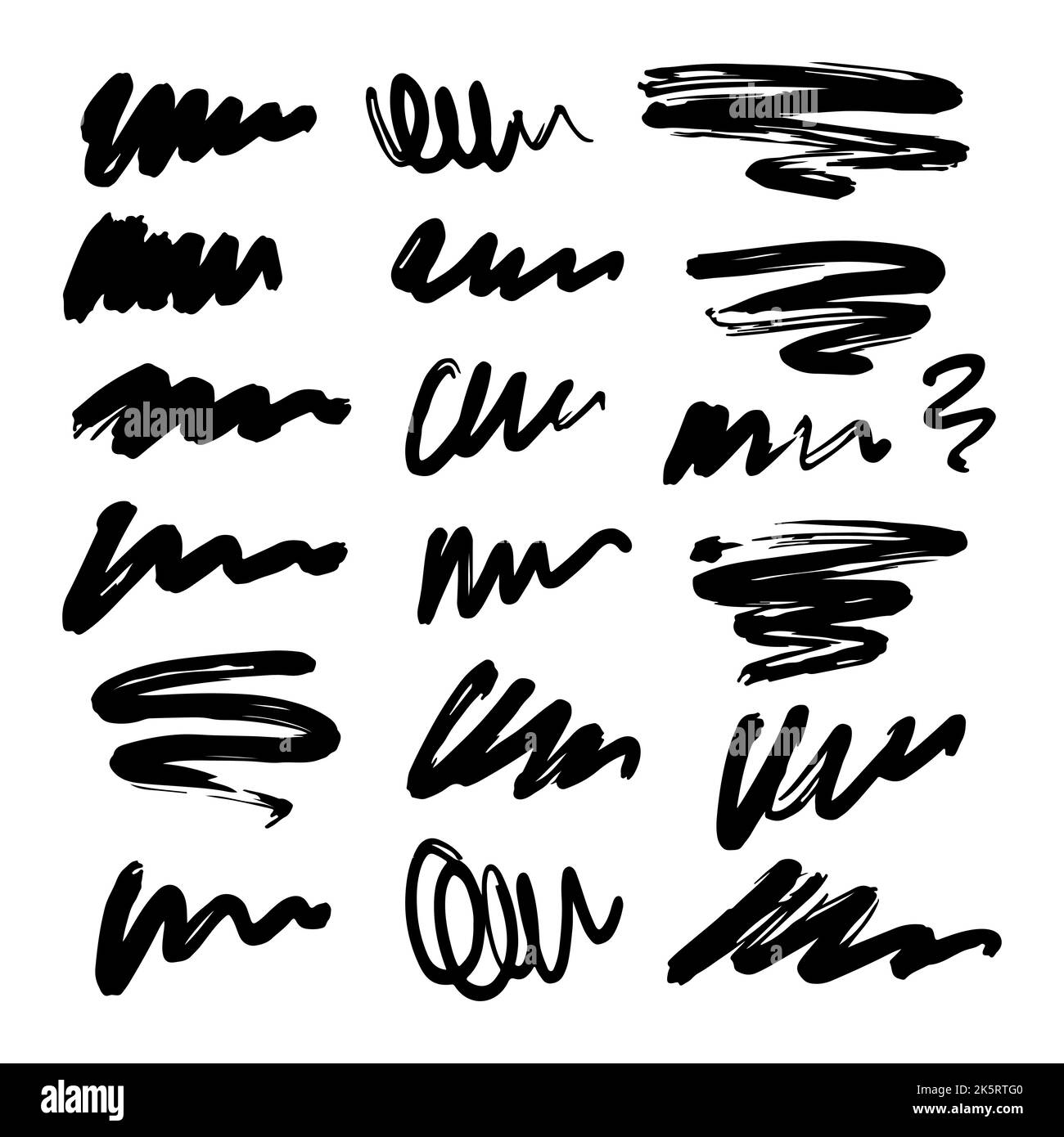 Set of black abstract brushstrokes, lines, squiggles and swirls. Vector