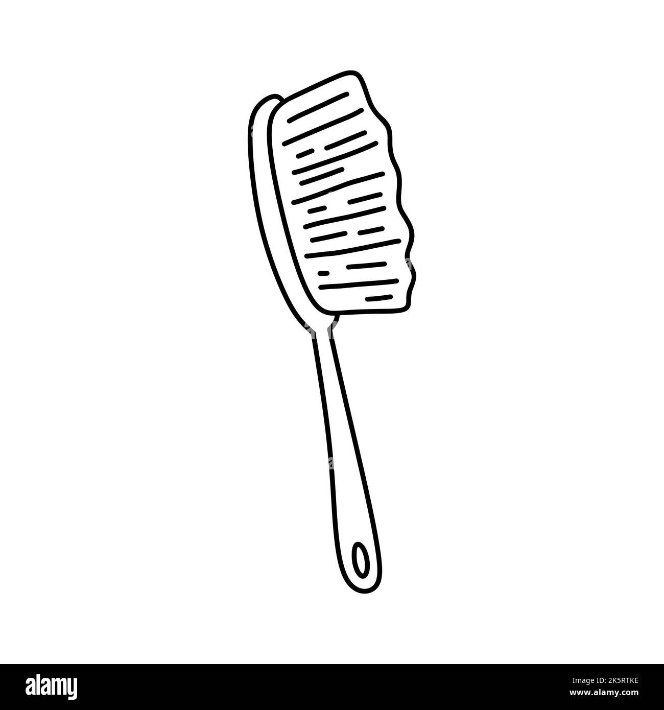 Dry body brush isolated on white background. Accessory for washing, personal hygiene, skincare. Vector hand-drawn illustration in doodle style. Stock Vector