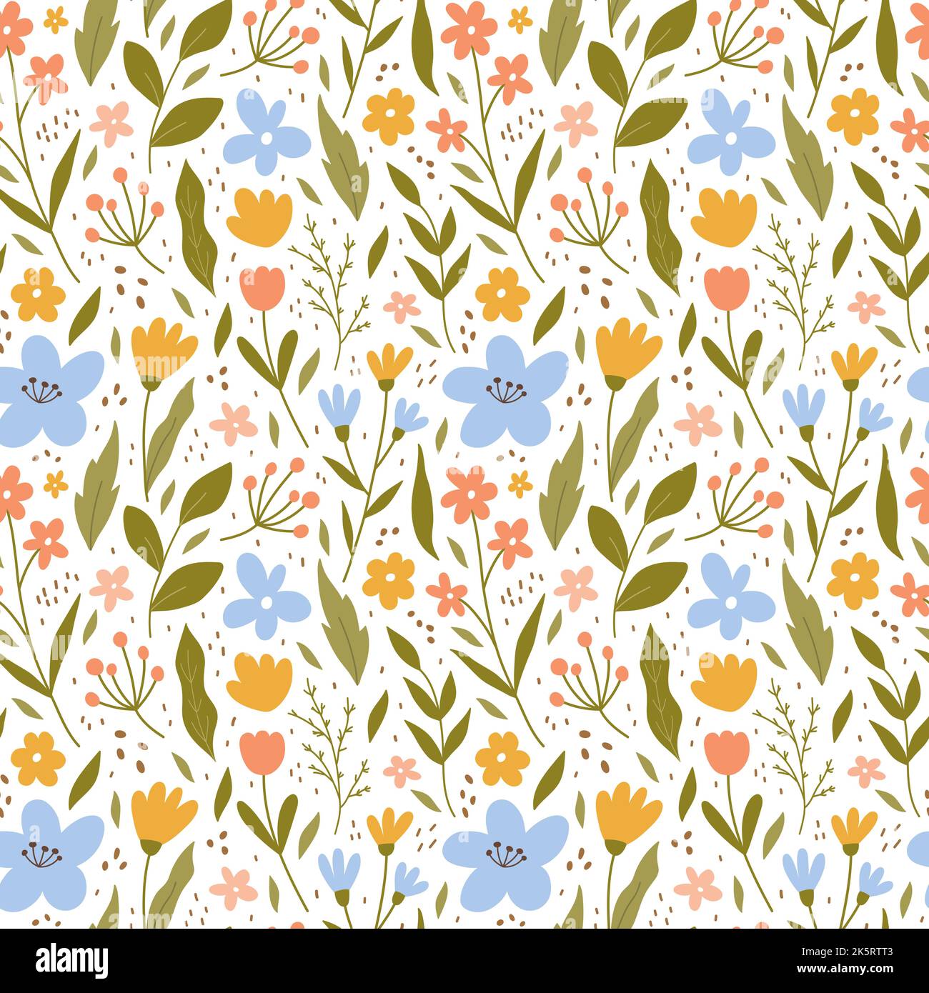 Botanical seamless pattern with meadow flowers, leaves and branches ...