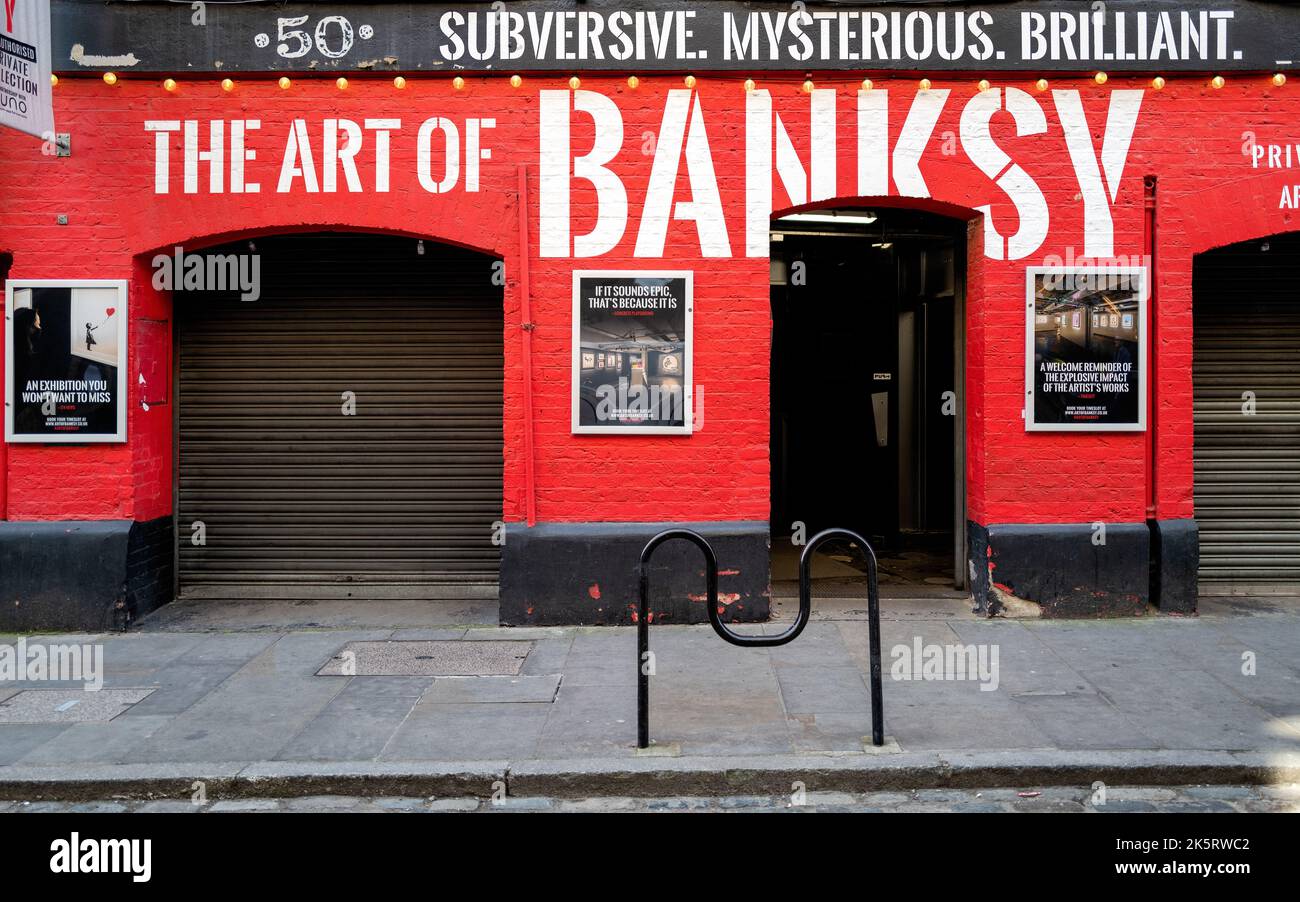 London, UK 16 April 2022 The exterior of The Art of Banksy Exhibition, in Covent Garden