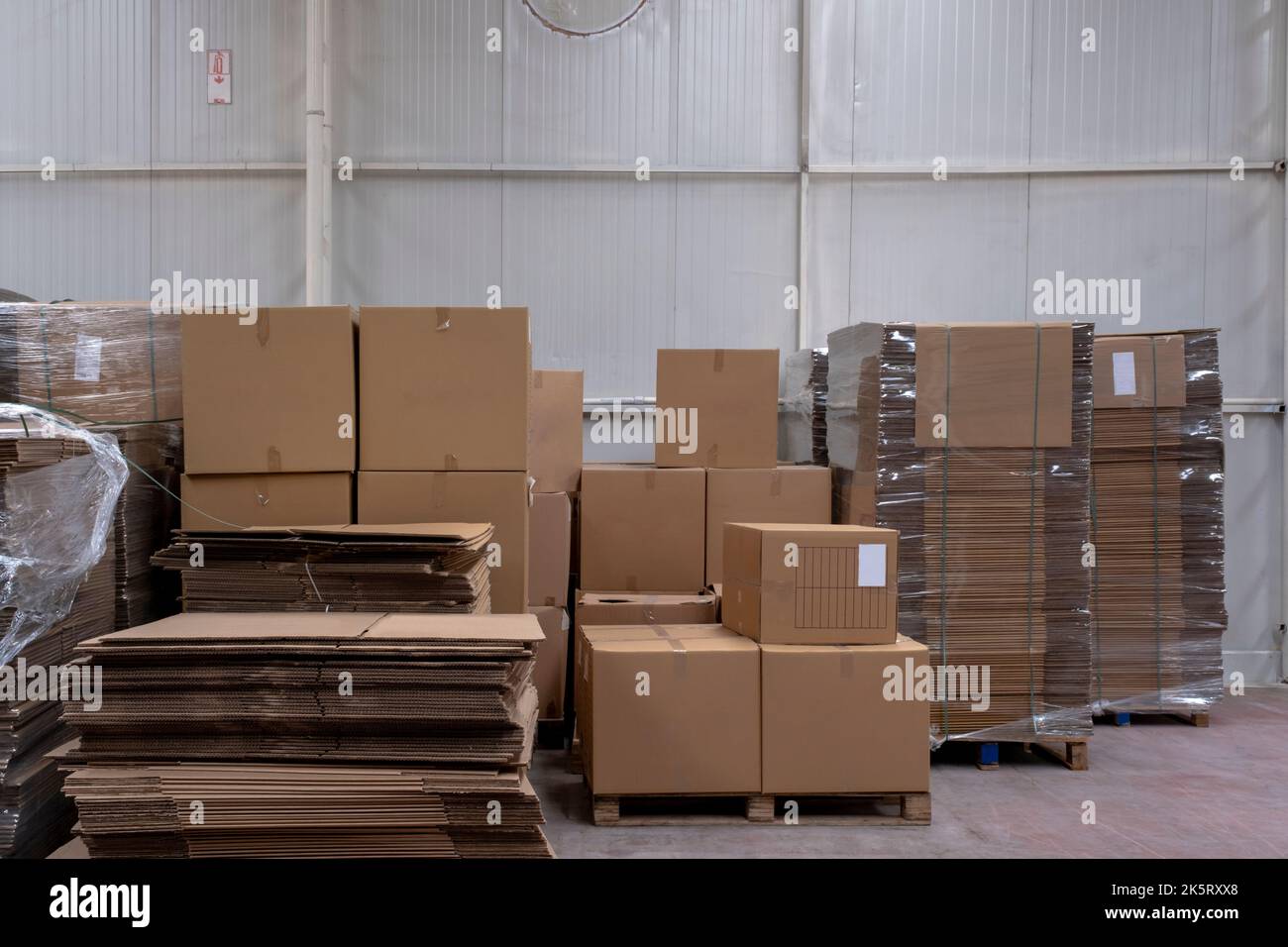 Large Retail Warehouse With Goods In Cardboard Boxes And Packages. Logistics, Sorting and Distribution Facility for More Product Delivery. Front View Stock Photo
