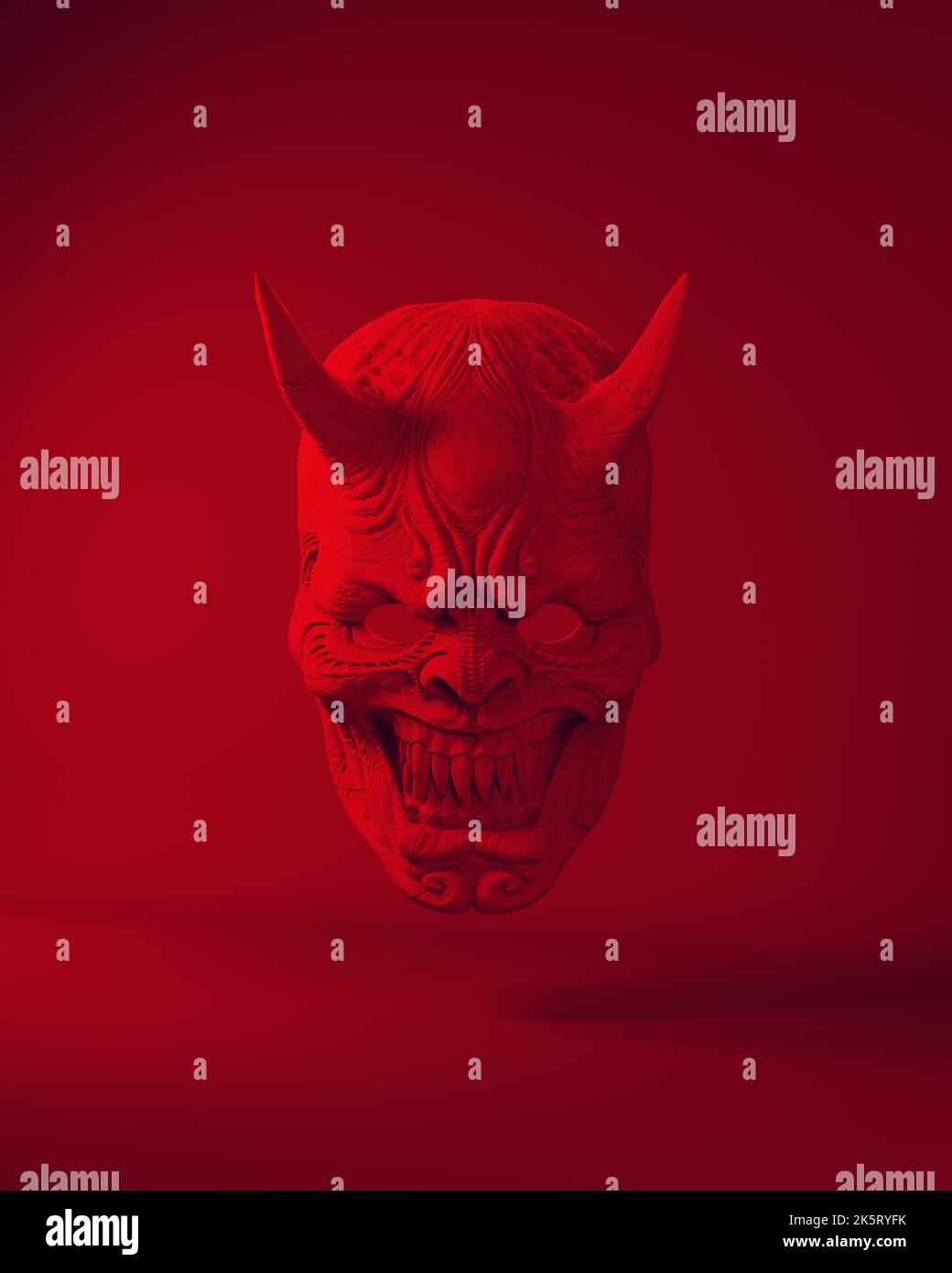 Title Red Devil Face Mask Halloween Horror Evil Japanese Demon Red Background 3d illustration