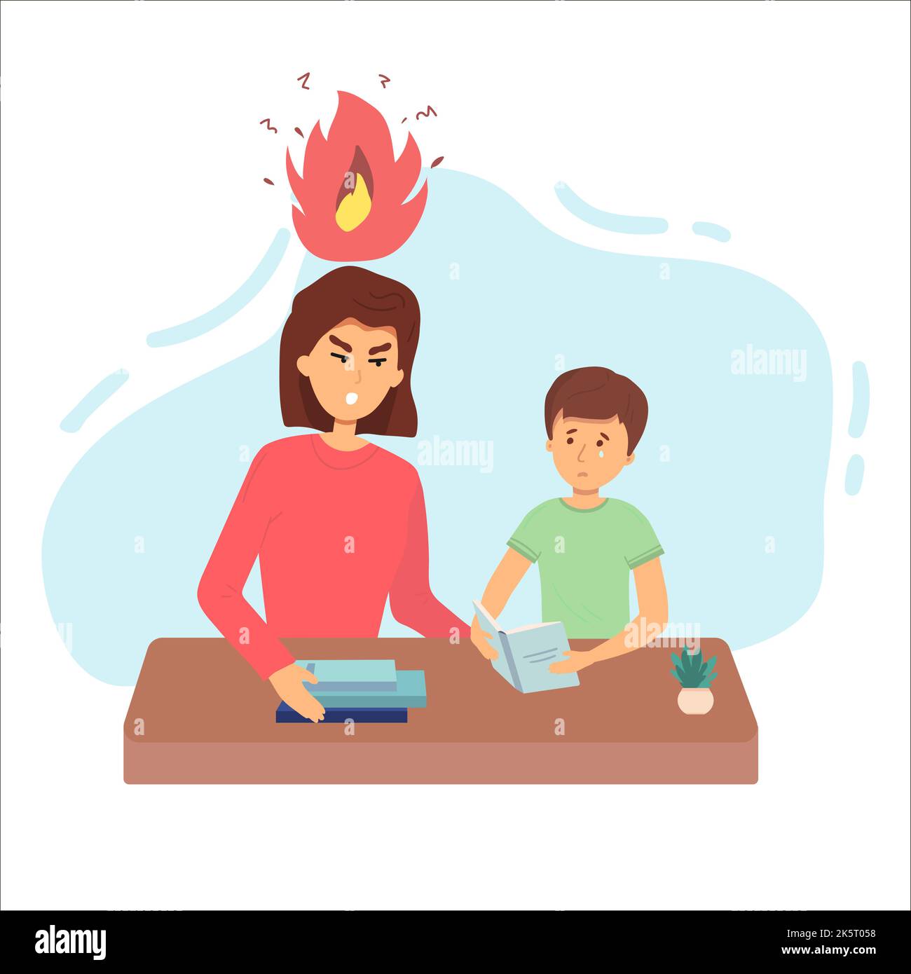 Education concept Female teacher feeling angry to naughty schoolboy while standing. vector flat screaming at a child. Stock Vector