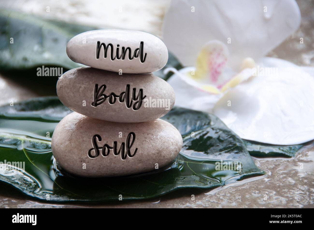 Mind, Body and Soul words engraved on zen stones with space for text. Zen concept Stock Photo