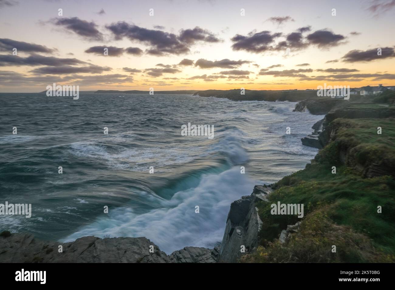Trevose Head, Cornwall, UK. 10th October 2022. UK Weather. Strong winds hitting the north coast of Cornwall at sunrise this morning. Credit Simon Maycock / Alamy Live News. Stock Photo