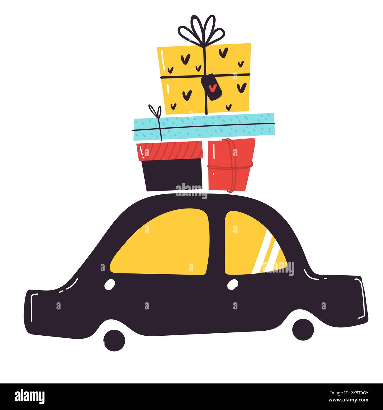 Gift boxes on the car. Merry christmas stylized typography. Vector flat style illustration. Stock Vector