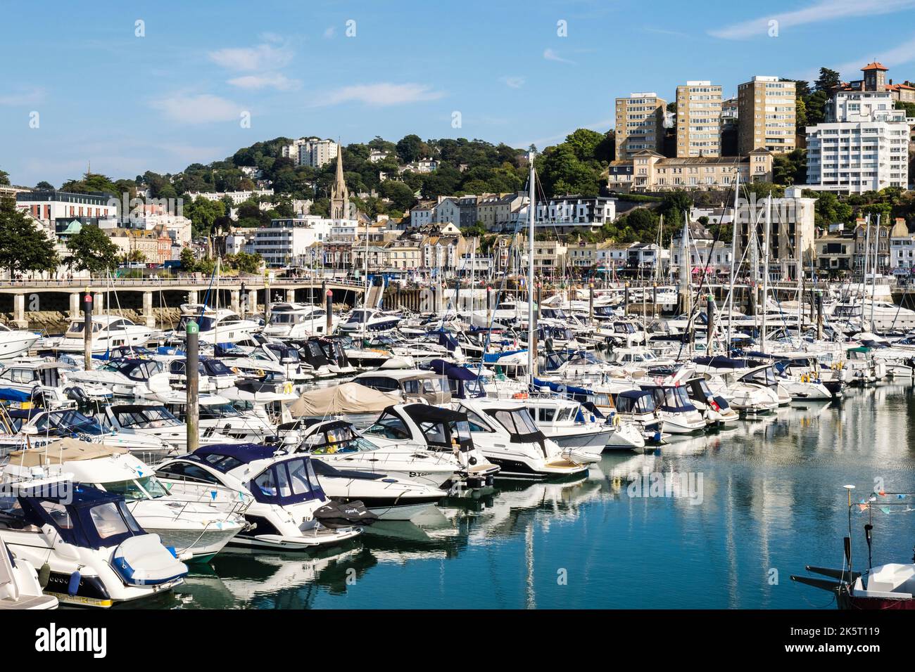 Boats moored in marina seen from Princess Pier, Torquay, Devon, England, UK, Britain,. Known as the English Riviera Stock Photo
