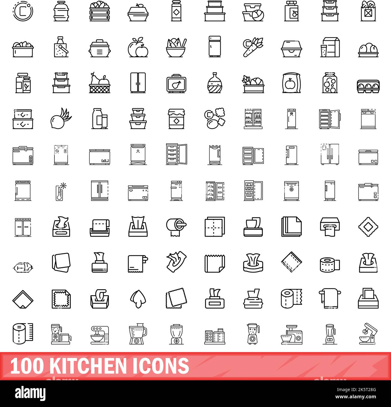 100 kitchen icons set. Outline illustration of 100 kitchen icons vector ...