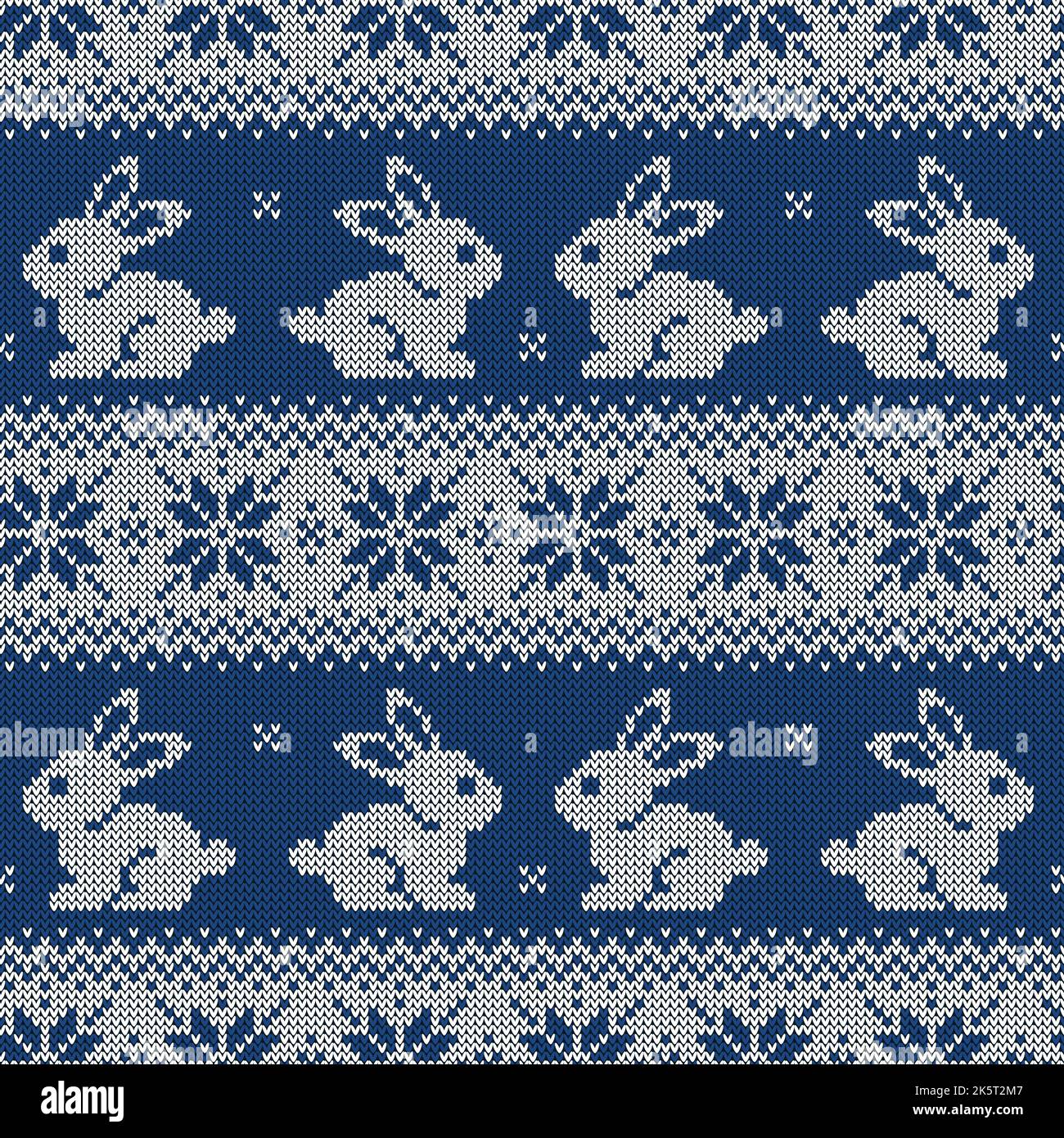 Knitted seamless pattern for 2023 new year of the rabbit. Vector background with cute bunnies and scandinavian ornaments. Dark blue and white sweater Stock Vector