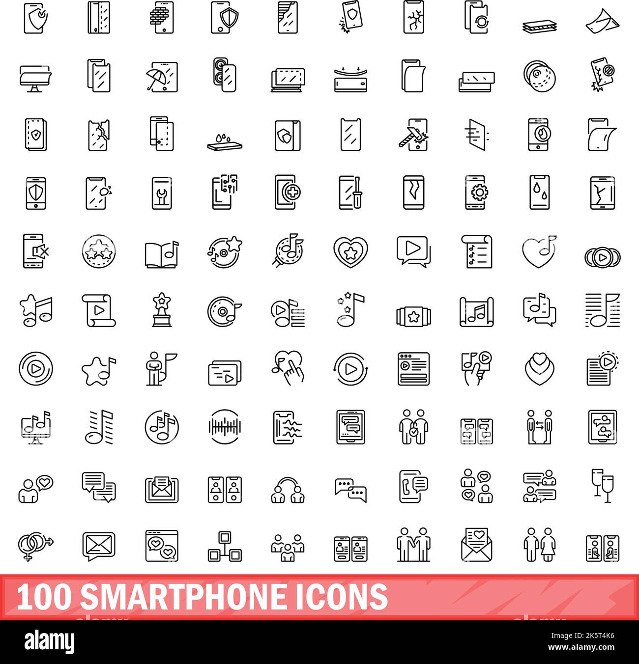 100 smartphone icons set. Outline illustration of 100 smartphone icons ...