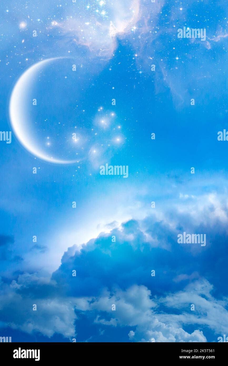 abstract angelic mystic mystical magic magical religious spiritual blue and gray  background with stars and cloudy sky Stock Photo