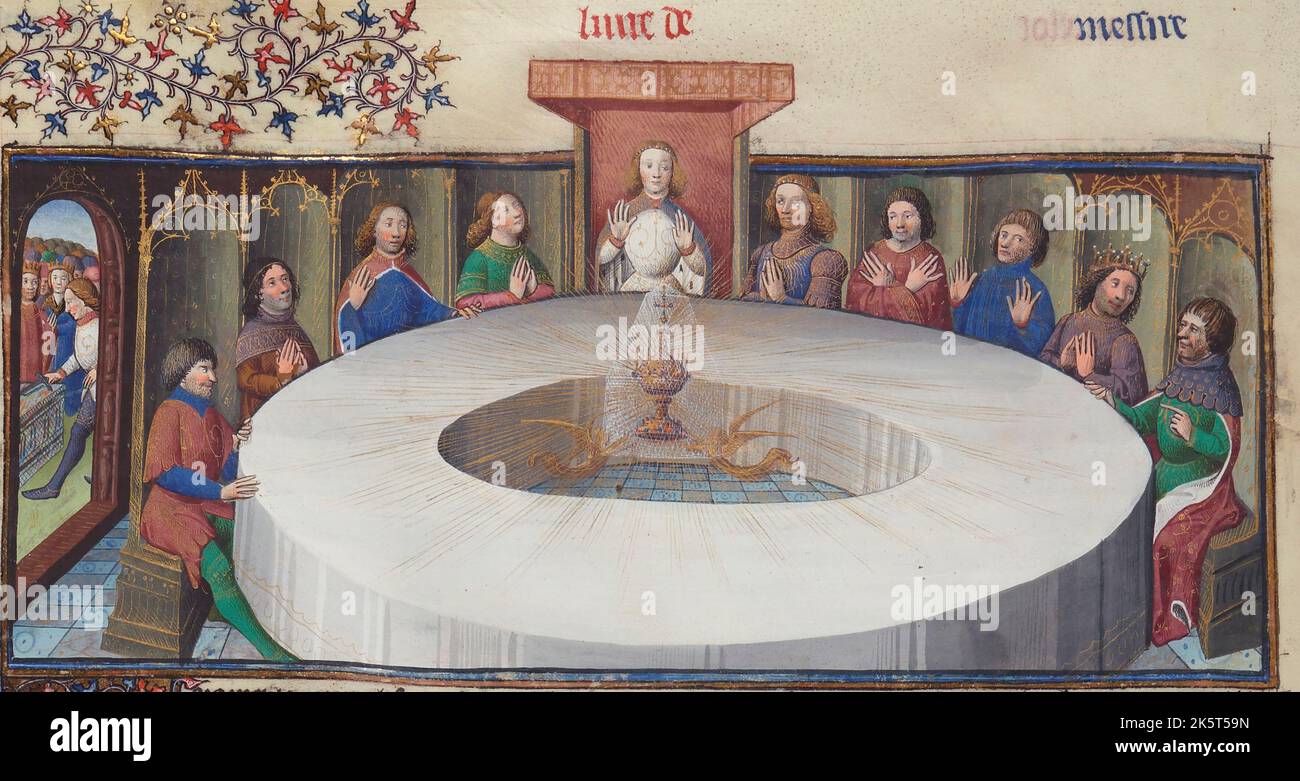 The Appearance of the Holy Grail. From Queste del Saint-Graal, 15th century. Found in the collection of the Biblioth&#xe8;que Nationale de France. Stock Photo